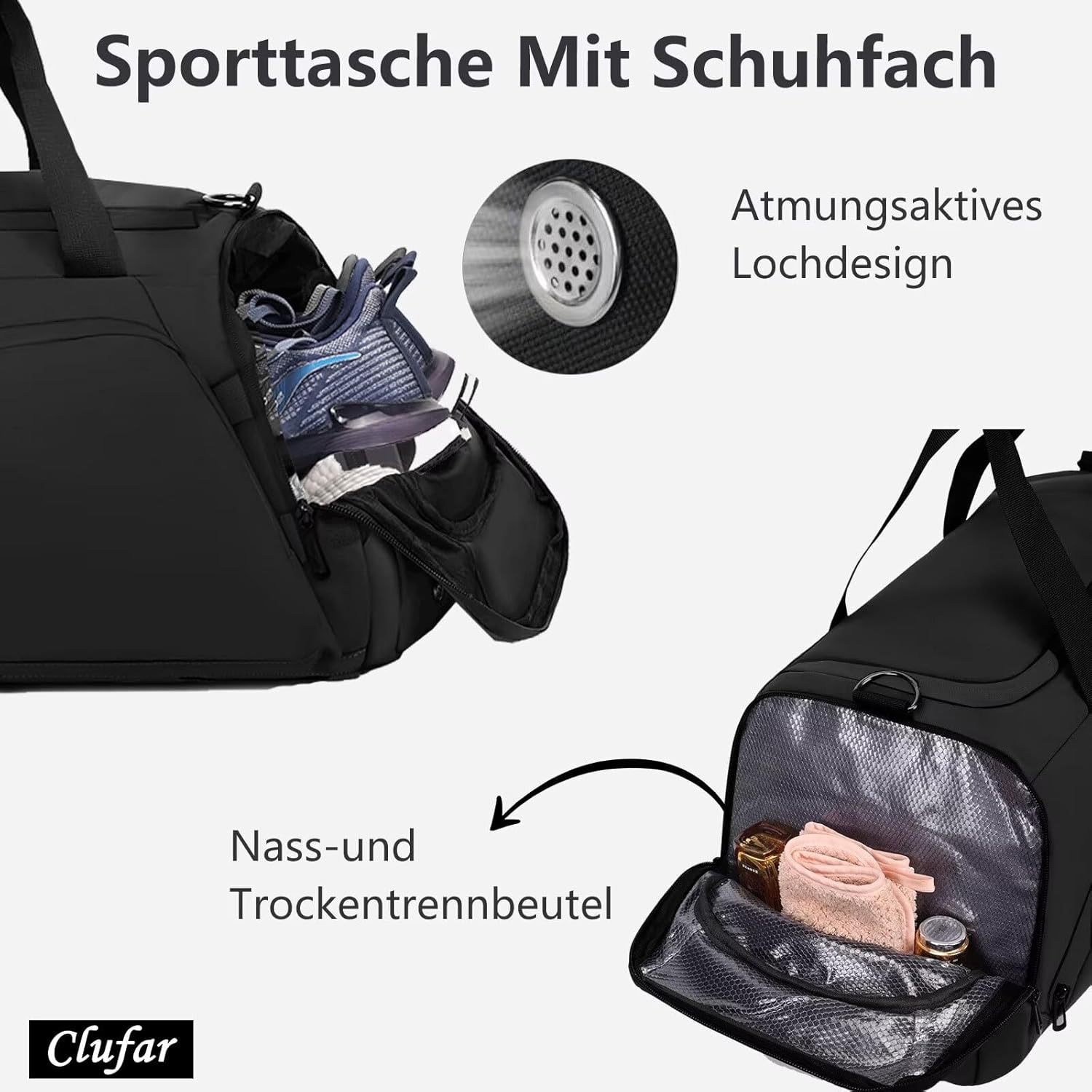 Clufar Borsone Palestra 40L Impermeabile, Nero - immagine 3