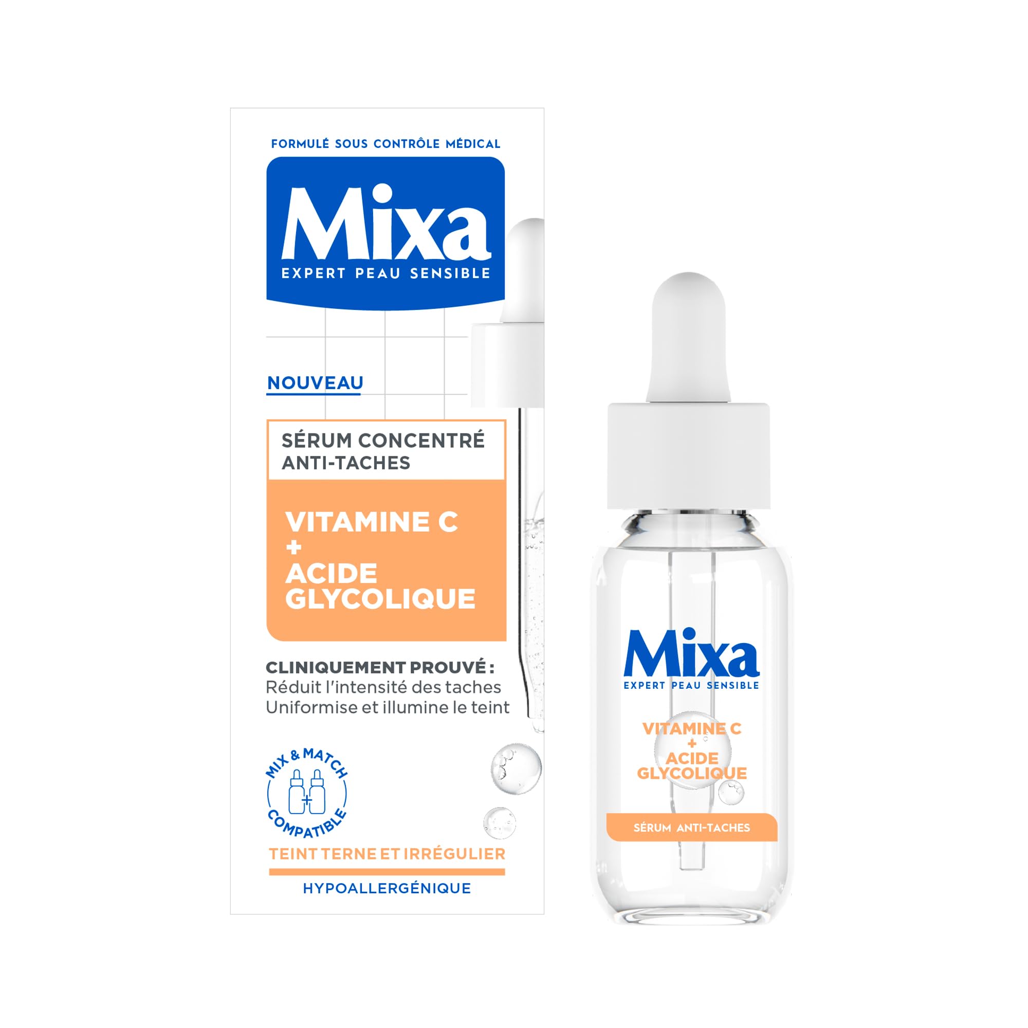 Mixa - Siero concentrato anti-macchia - Per le tinture opache - Arricchito con vitamina C e acido glicolico - 30 ml