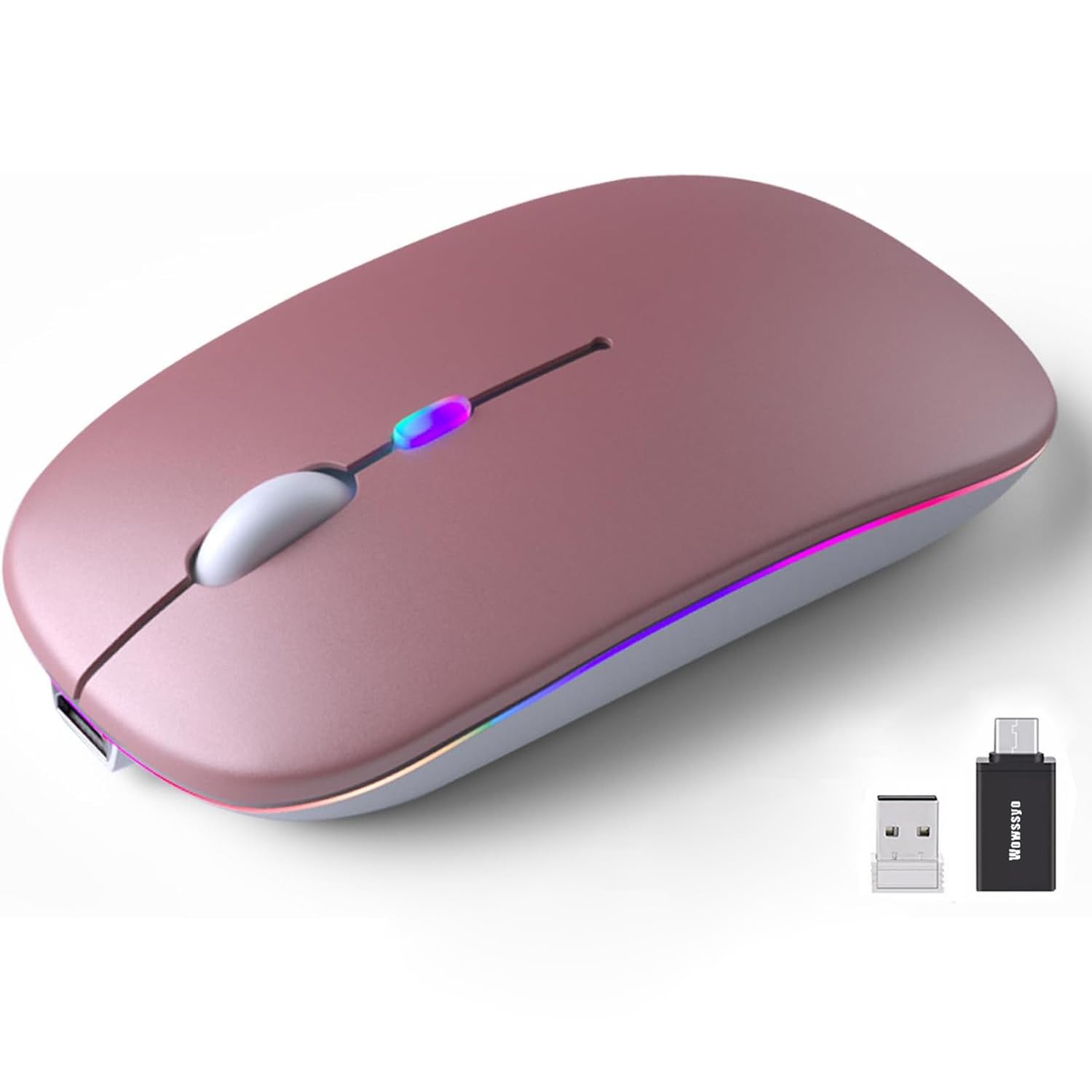 Mouse wireless, mouse USB 2,4 GHz, mouse Bluetooth, tracciamento ottico 1600 DPI, mouse ricaricabile LED a doppio modalità per laptop, PC, iOS, Android, iPad, Windows - Rosa