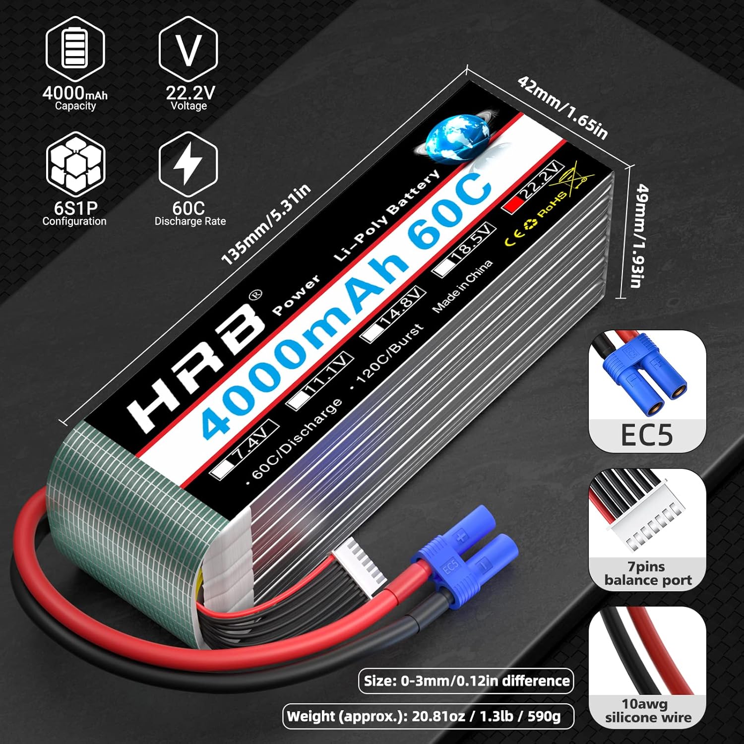 HRB 2x Batteria Lipo 6S 22.2V 4000mAh 60C con EC5 - immagine 3