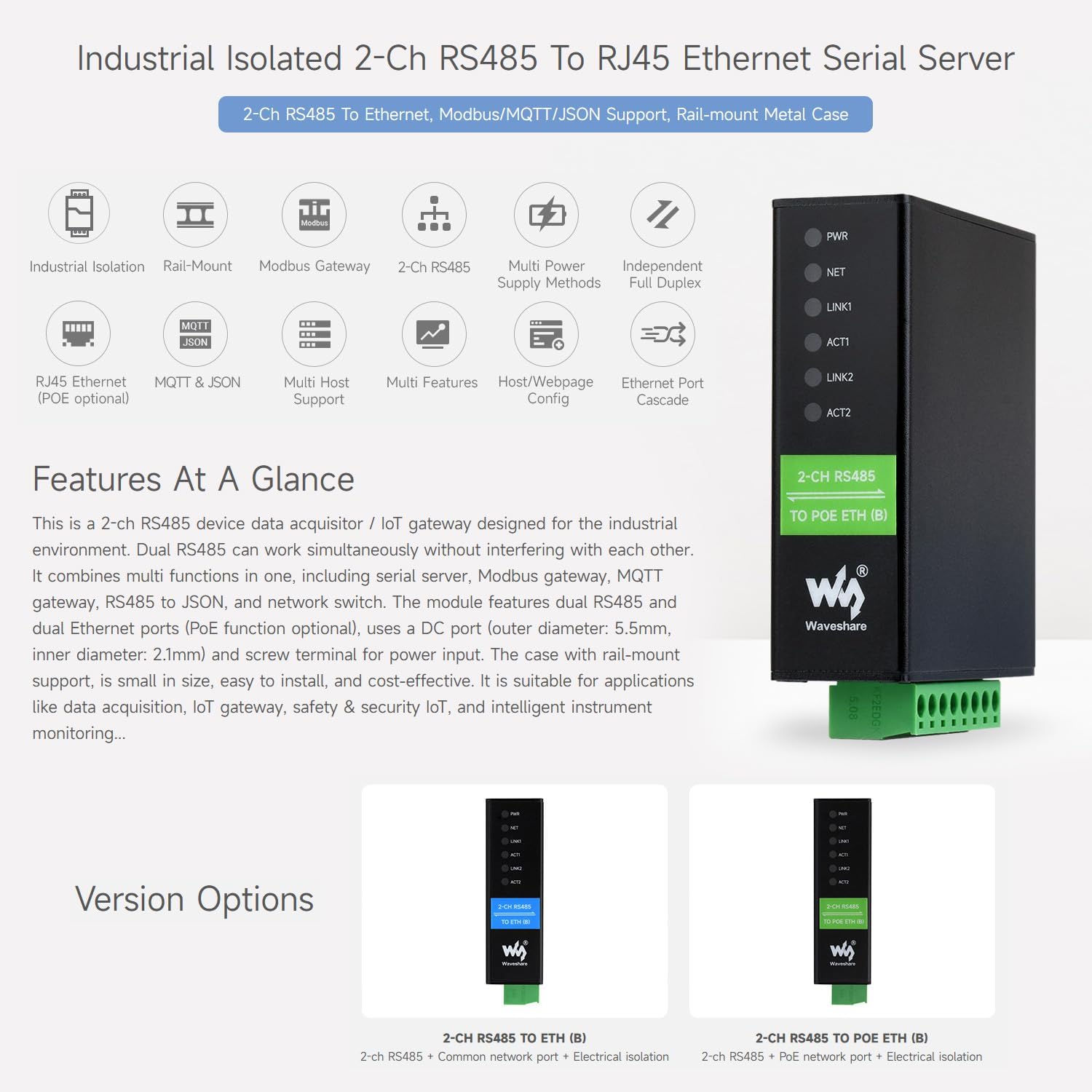 Waveshare 2-Ch RS485 To RJ45 Ethernet Serial Server, Dual Channel RS485 Independent Operation, 2x Ethernet Ports, Rail-Mount Industrial Isolated Serial Module, Bi-Directional Transparent Transmission - immagine 3