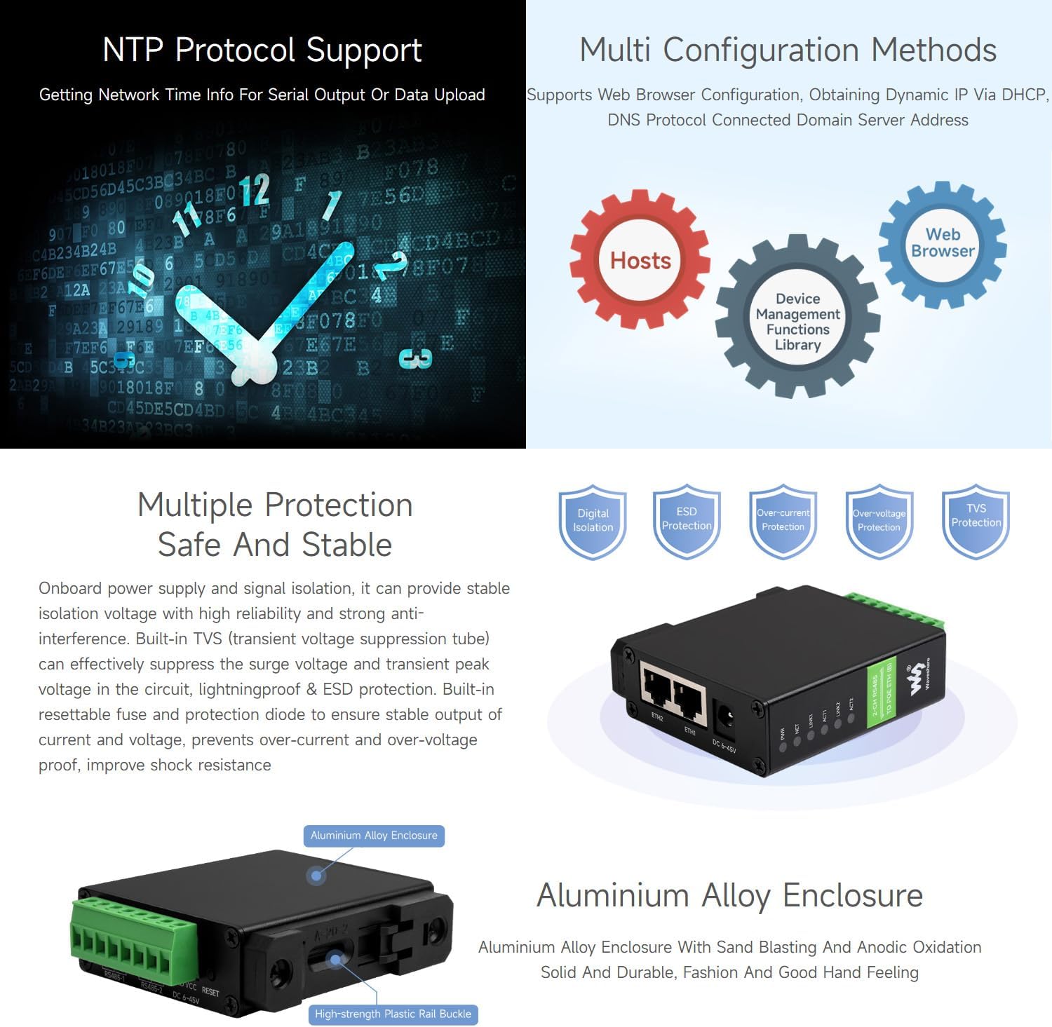 Waveshare 2-Ch RS485 To RJ45 Ethernet Serial Server, Dual Channel RS485 Independent Operation, 2x Ethernet Ports, Rail-Mount Industrial Isolated Serial Module, Bi-Directional Transparent Transmission - immagine 7
