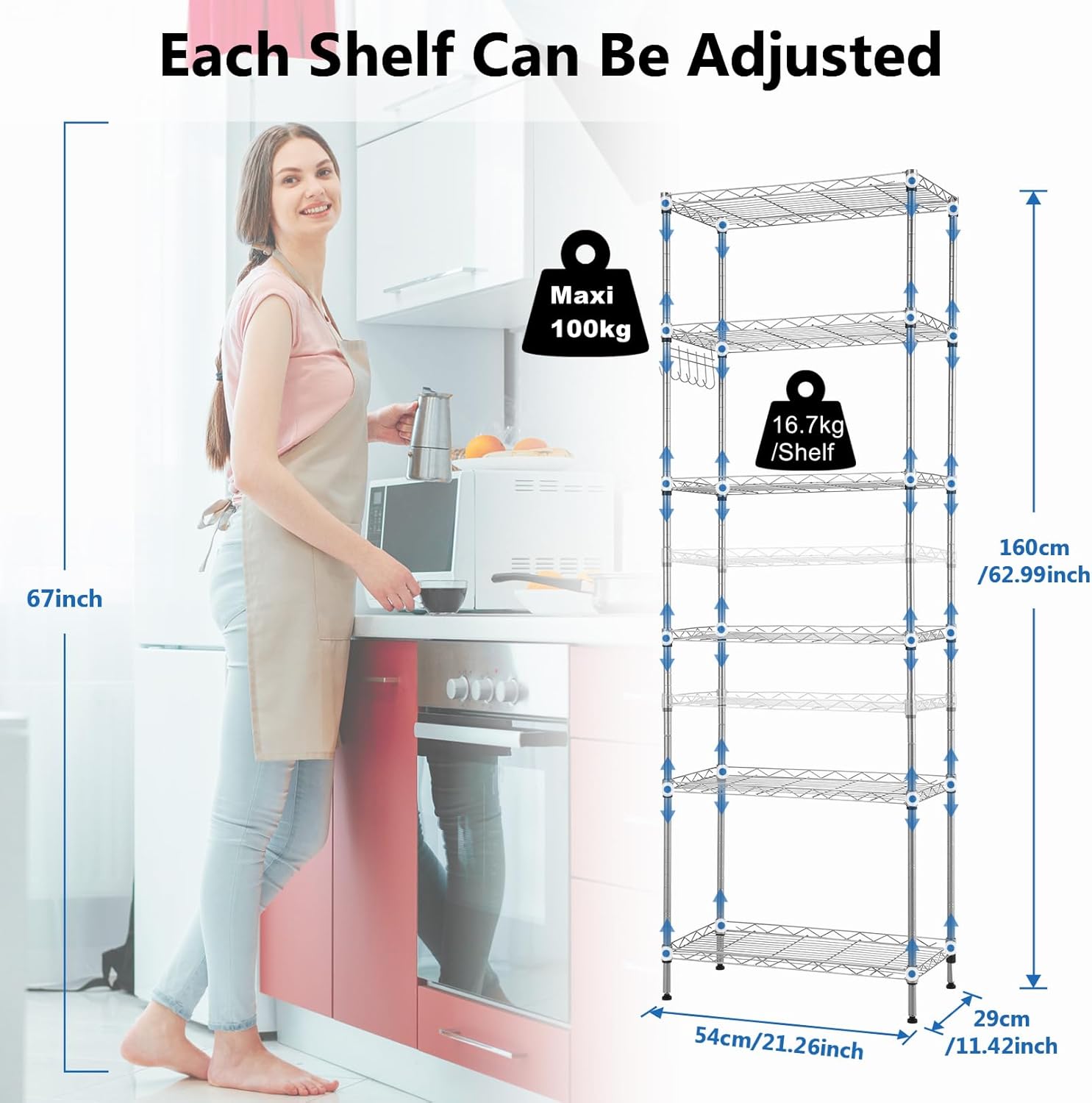 Scaffalatura a 6 Ripiani in Metallo 160x54x29 cm, Nero - immagine 3