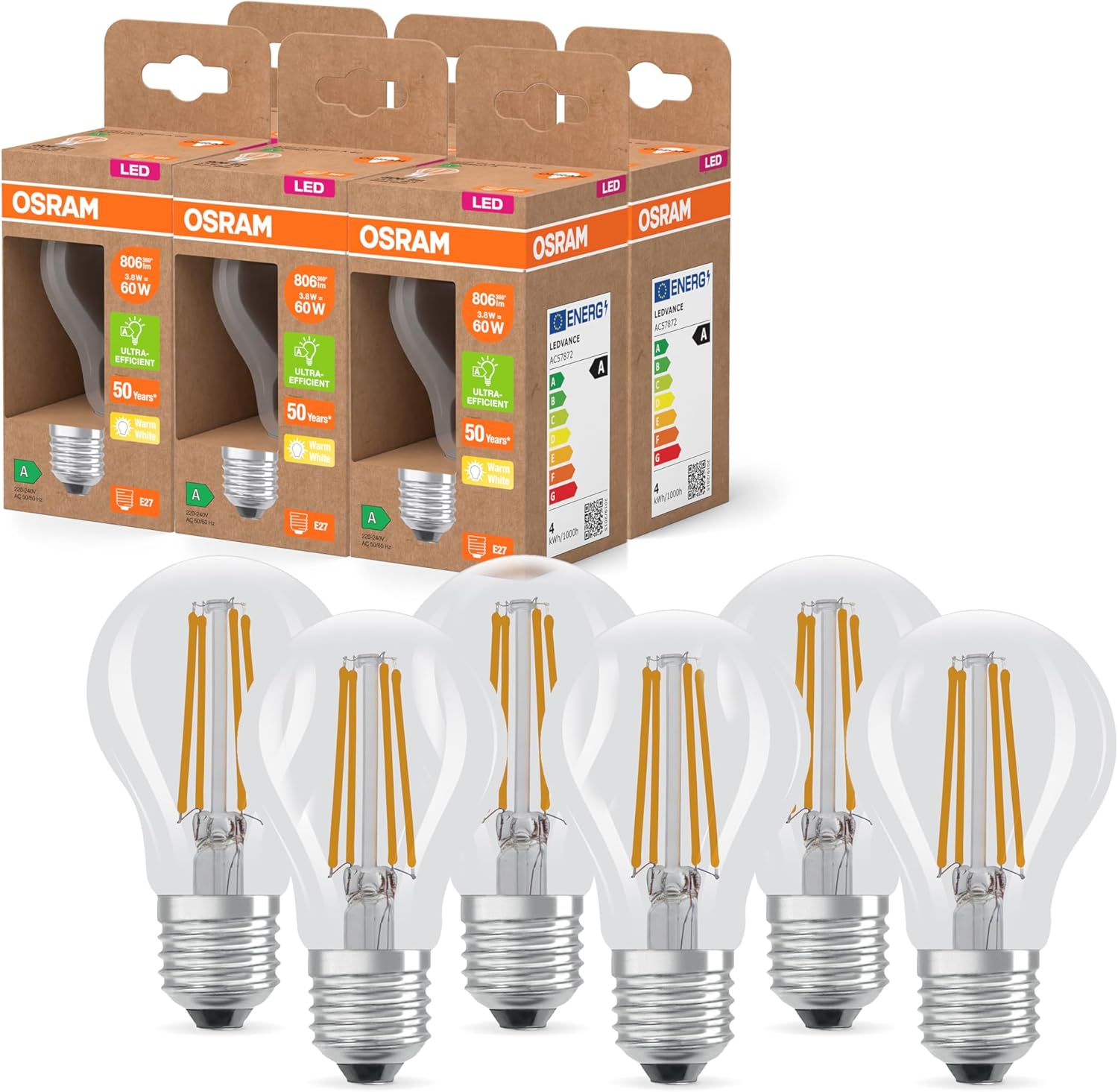 Osram Lampada LED Classic Filamento Trasparente E27 3,8W