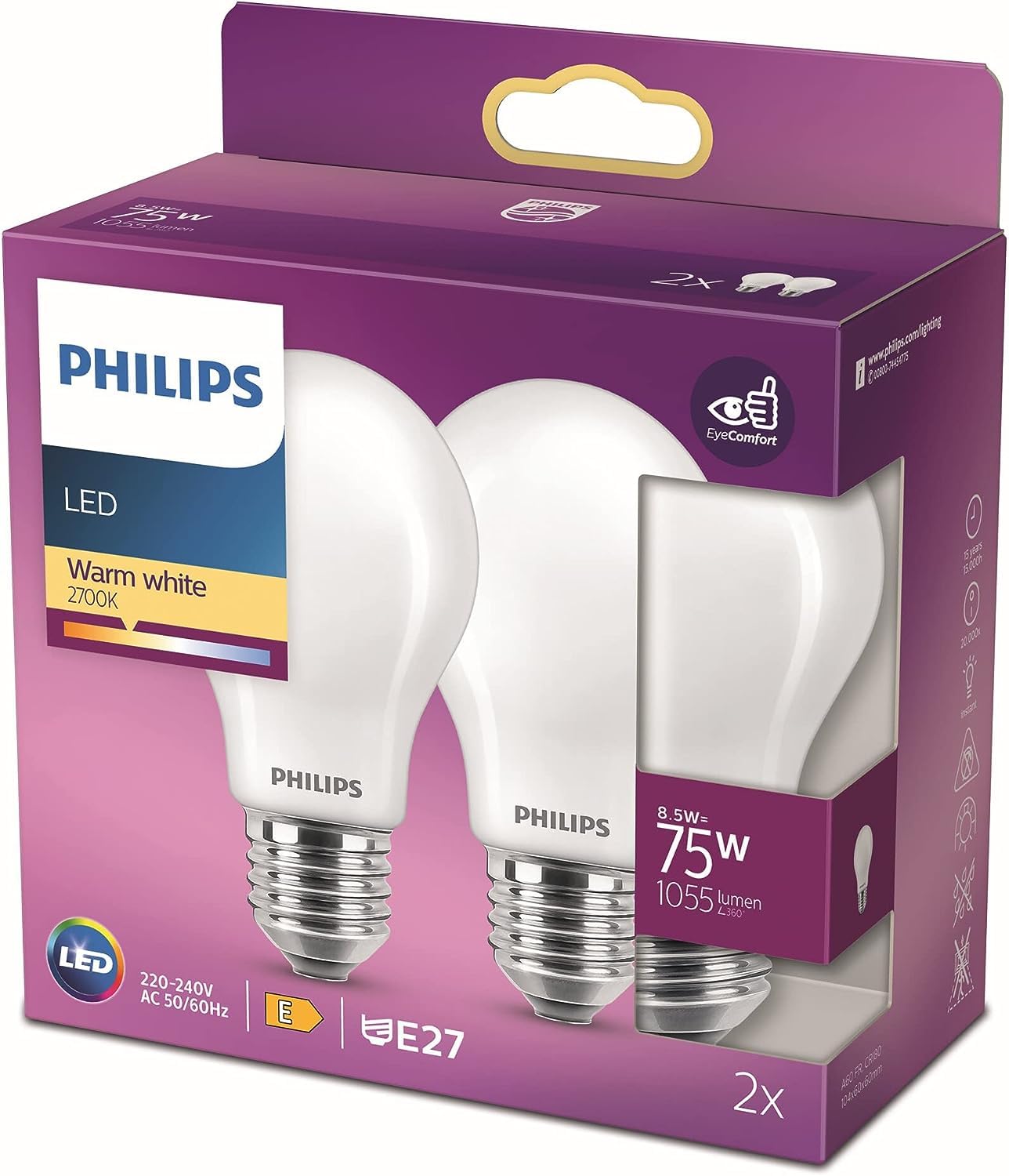 Philips LED Lampadina Goccia E27 8.5W, 2pz
