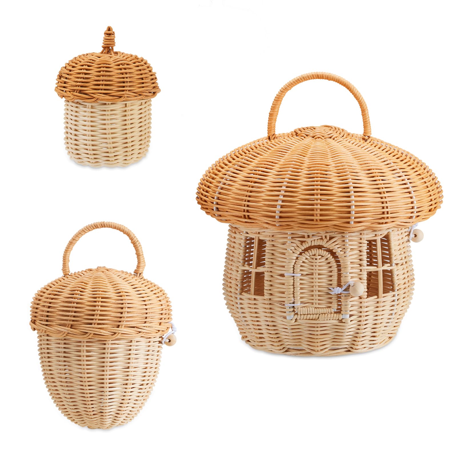Set di cesti in Rattan fatto a mano (Grande fungo, Media ghianda, Piccola pigna) per conservazione giocattoli, organizzazione esterna e arredamento domestico