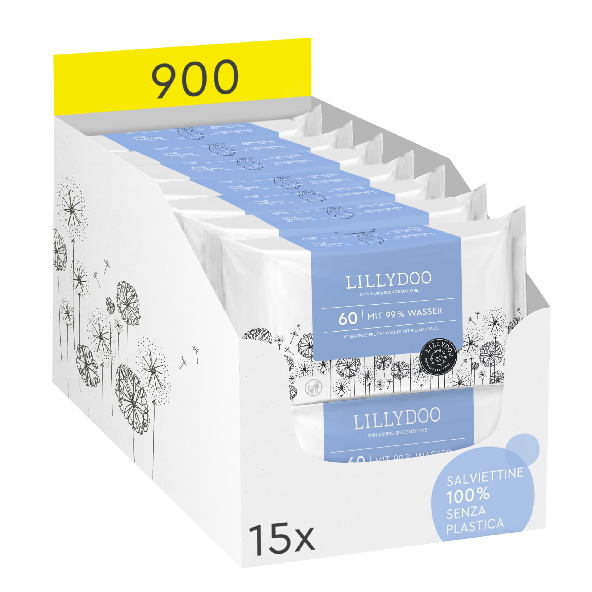 Salviettine Umidificate Lillydoo al 99% Acqua, 900 pezzi