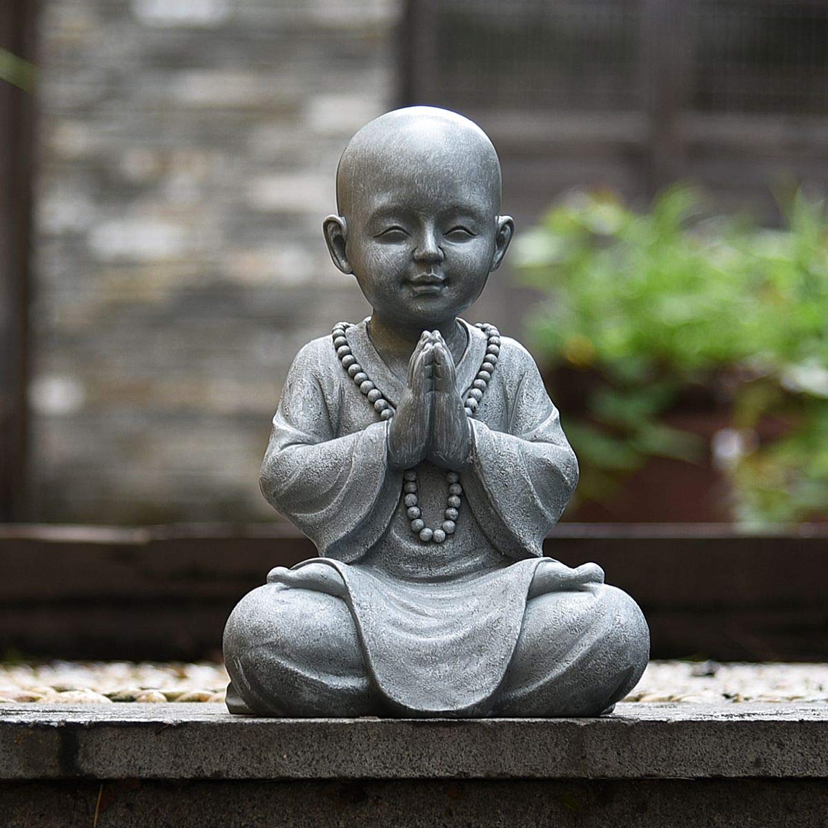 Goodeco, statuetta da giardino con Buddha per meditazione, statuetta Zen Garden Monk, decorazione per interni ed esterni, per casa, giardino, patio, ponte, poliresina, 28.5 cm (grigio pietra)
