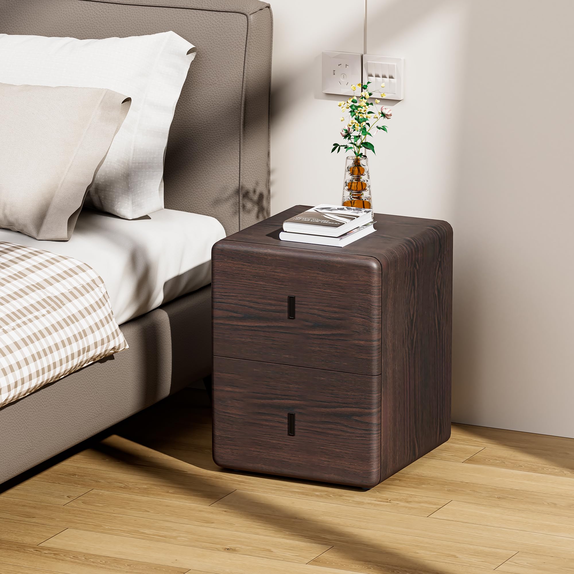 Comodino Stretto con Cassetti in Pelle e Legno