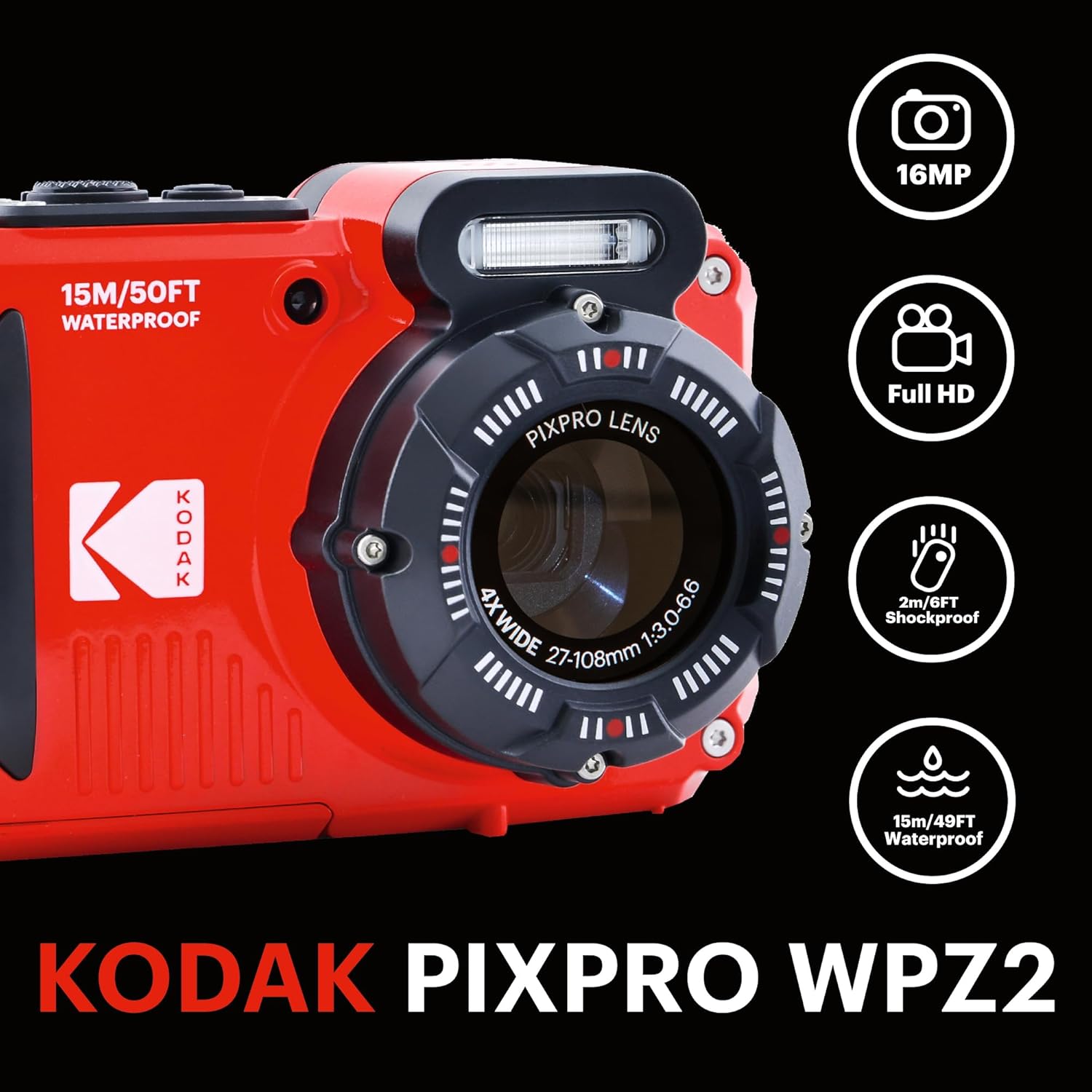 KODAK Pixpro WPZ2 - Fotocamera Digitale Compatta 16M Pixel, Rosso - immagine 2