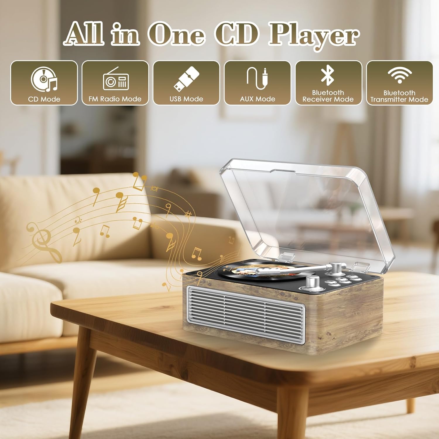 Gueray Lettore CD Bluetooth Portatile 3600mAh, Quercia - immagine 2