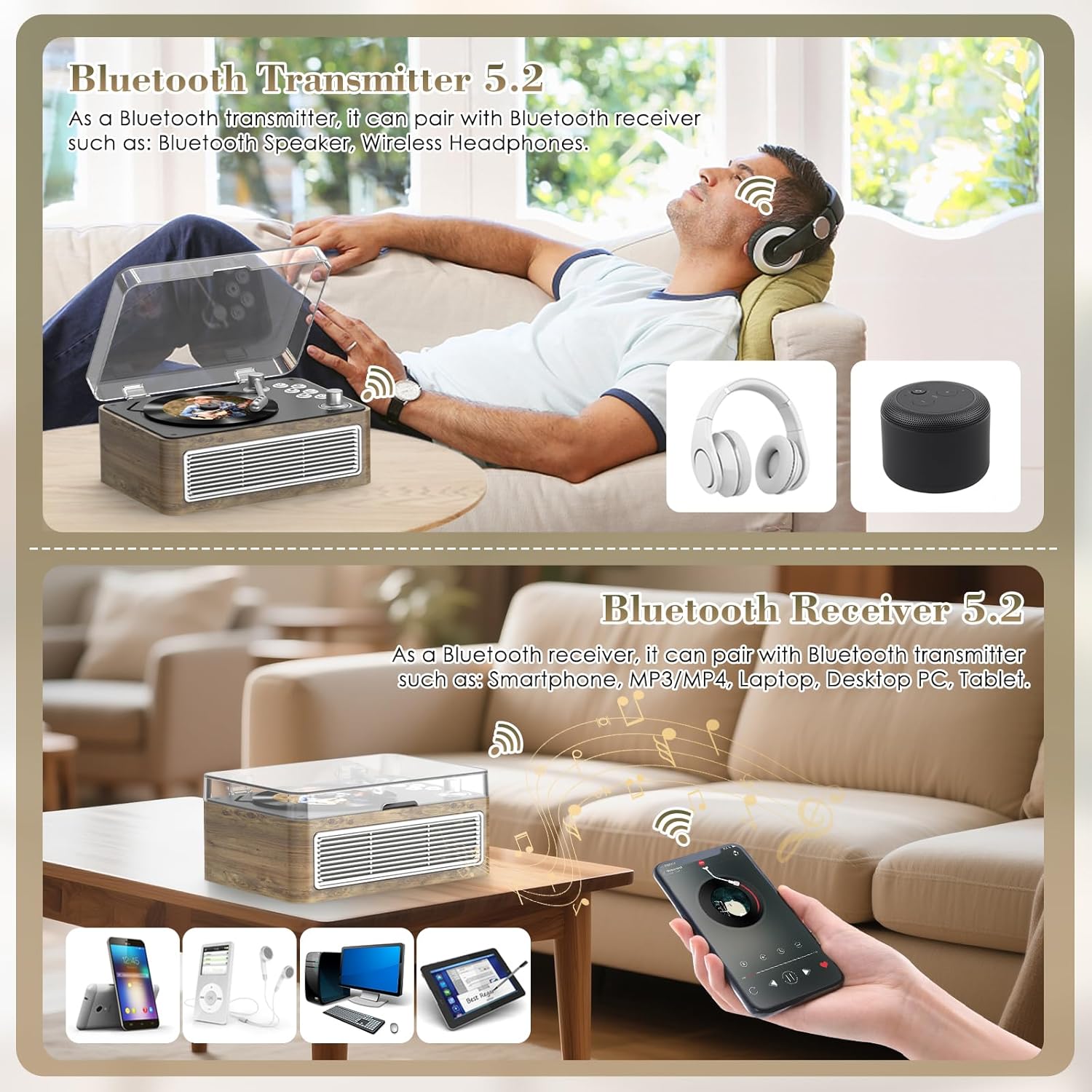 Gueray Lettore CD Bluetooth Portatile 3600mAh, Quercia - immagine 3