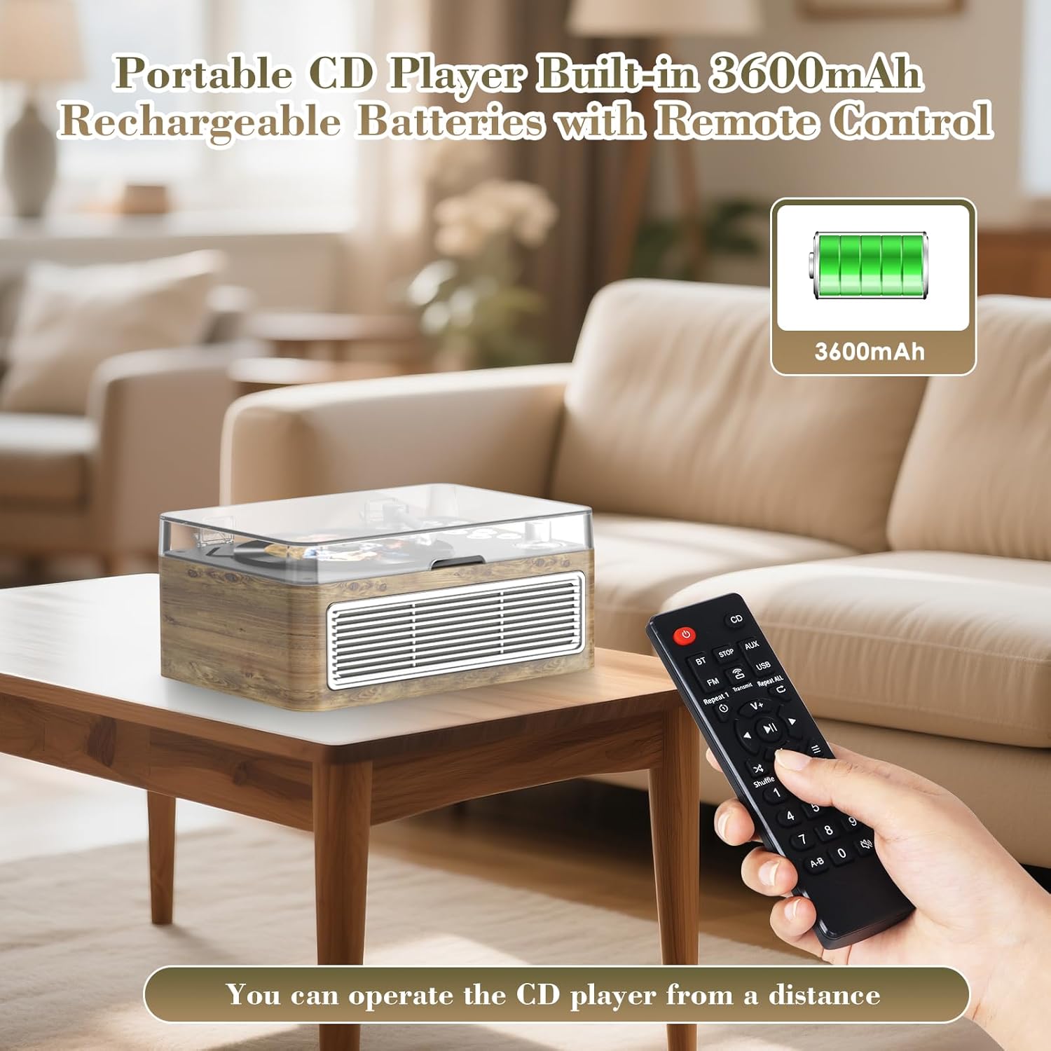 Gueray Lettore CD Bluetooth Portatile 3600mAh, Quercia - immagine 4