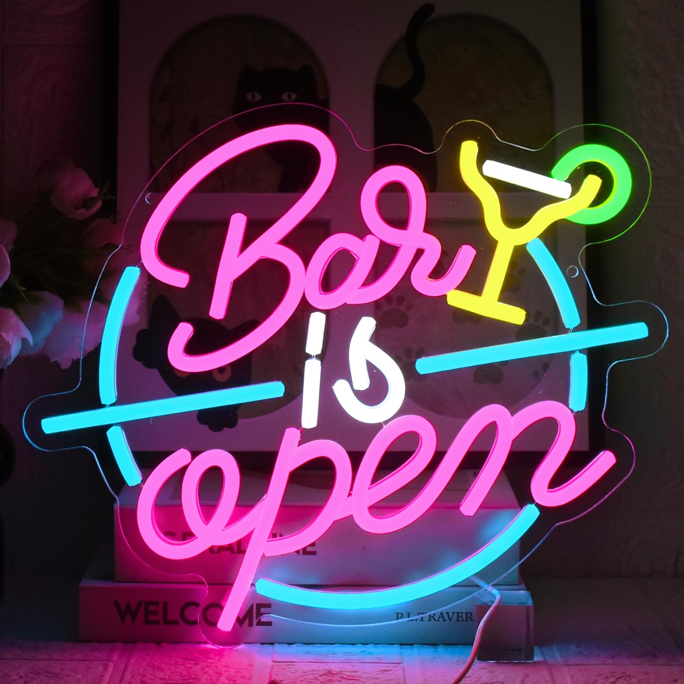Bar Open Neon Sign LED Dimmerabile Rosa Blu