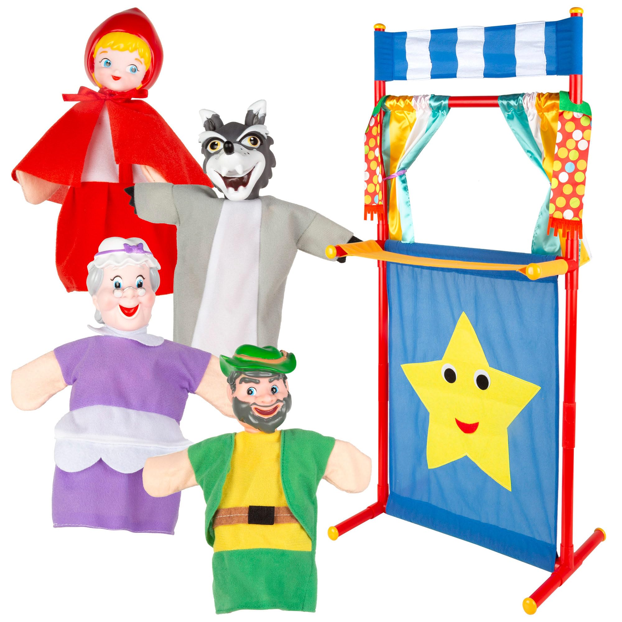 COLORBABY Cucu Show Set Teatro Burattini Cappuccetto Rosso, 4 Pupetti Personaggi 25 cm di Racconta, Materiali Morbidi e Sicuro, Giocattoli per Bambini per Giocare in Gruppo o Trascorrere del Tempo in