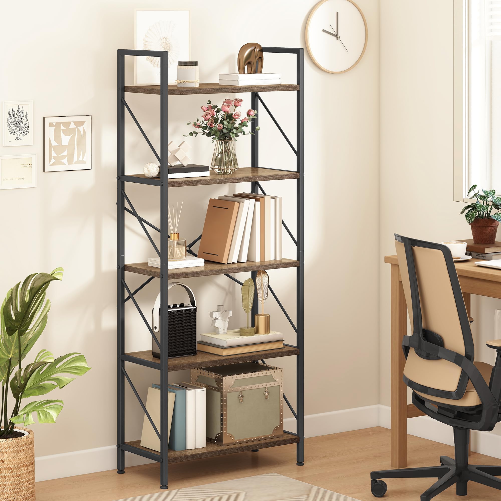 Dwvo Scaffale per libri a 5 ripiani in legno e metallo, Grigio