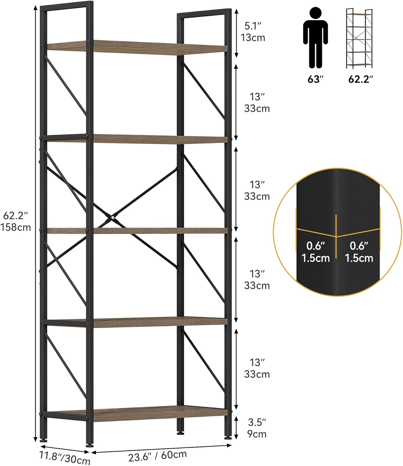 Dwvo Scaffale per libri a 5 ripiani in legno e metallo, Grigio - immagine 2