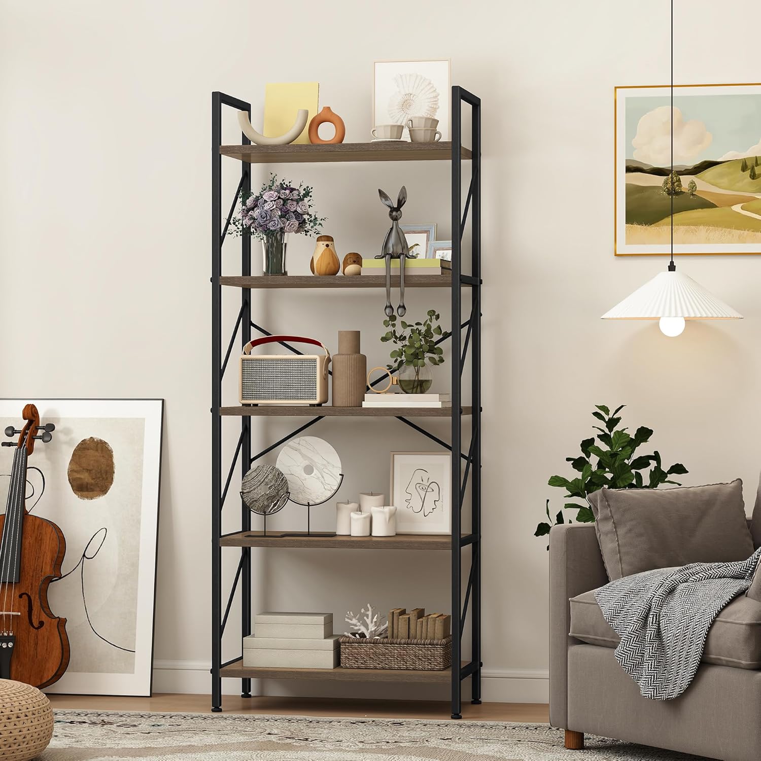 Dwvo Scaffale per libri a 5 ripiani in legno e metallo, Grigio - immagine 3