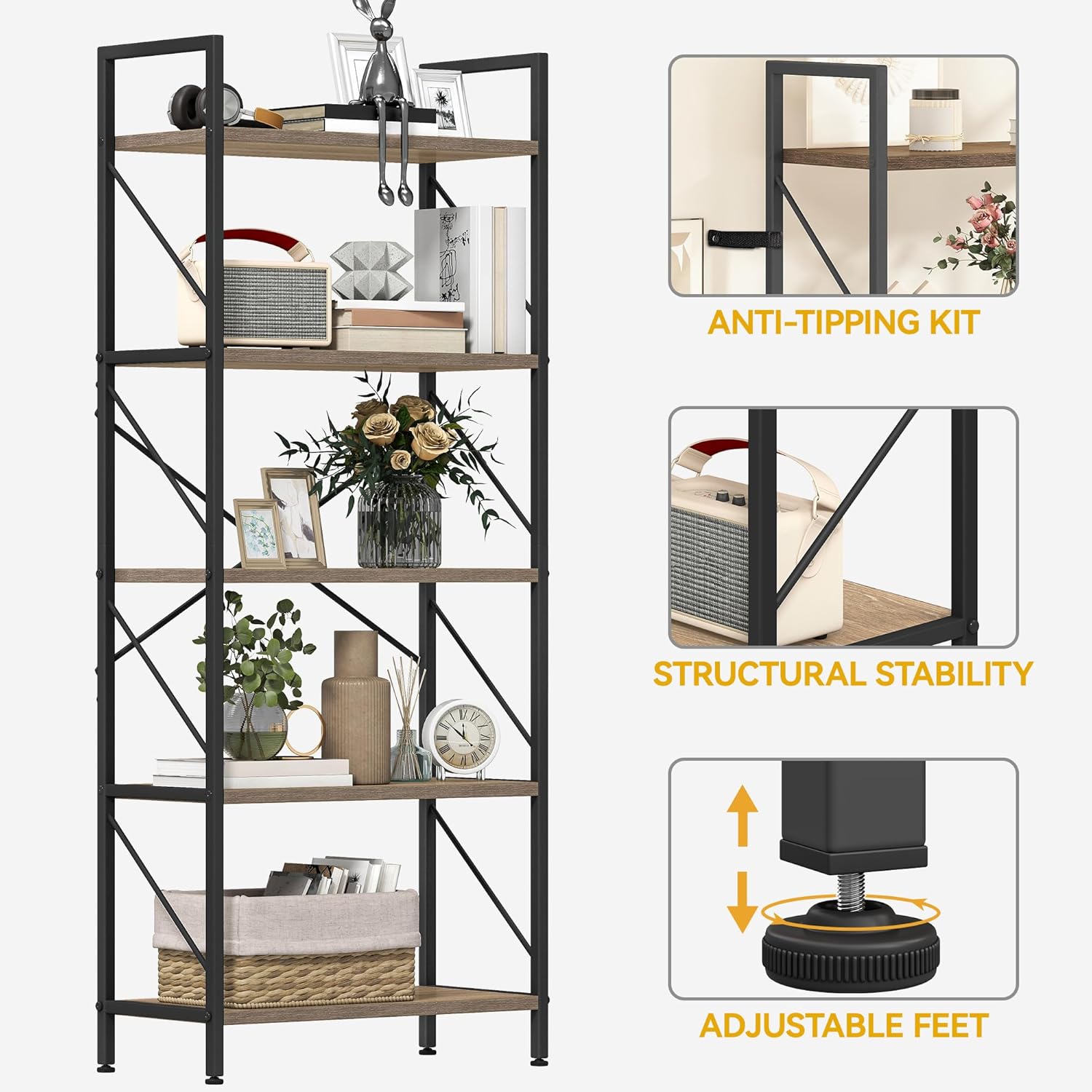 Dwvo Scaffale per libri a 5 ripiani in legno e metallo, Grigio - immagine 5