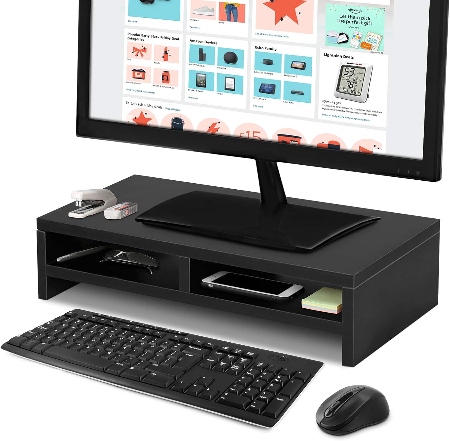 Supporto Monitor PC con Ripiani e Cassetto, Ergonomico - immagine 1