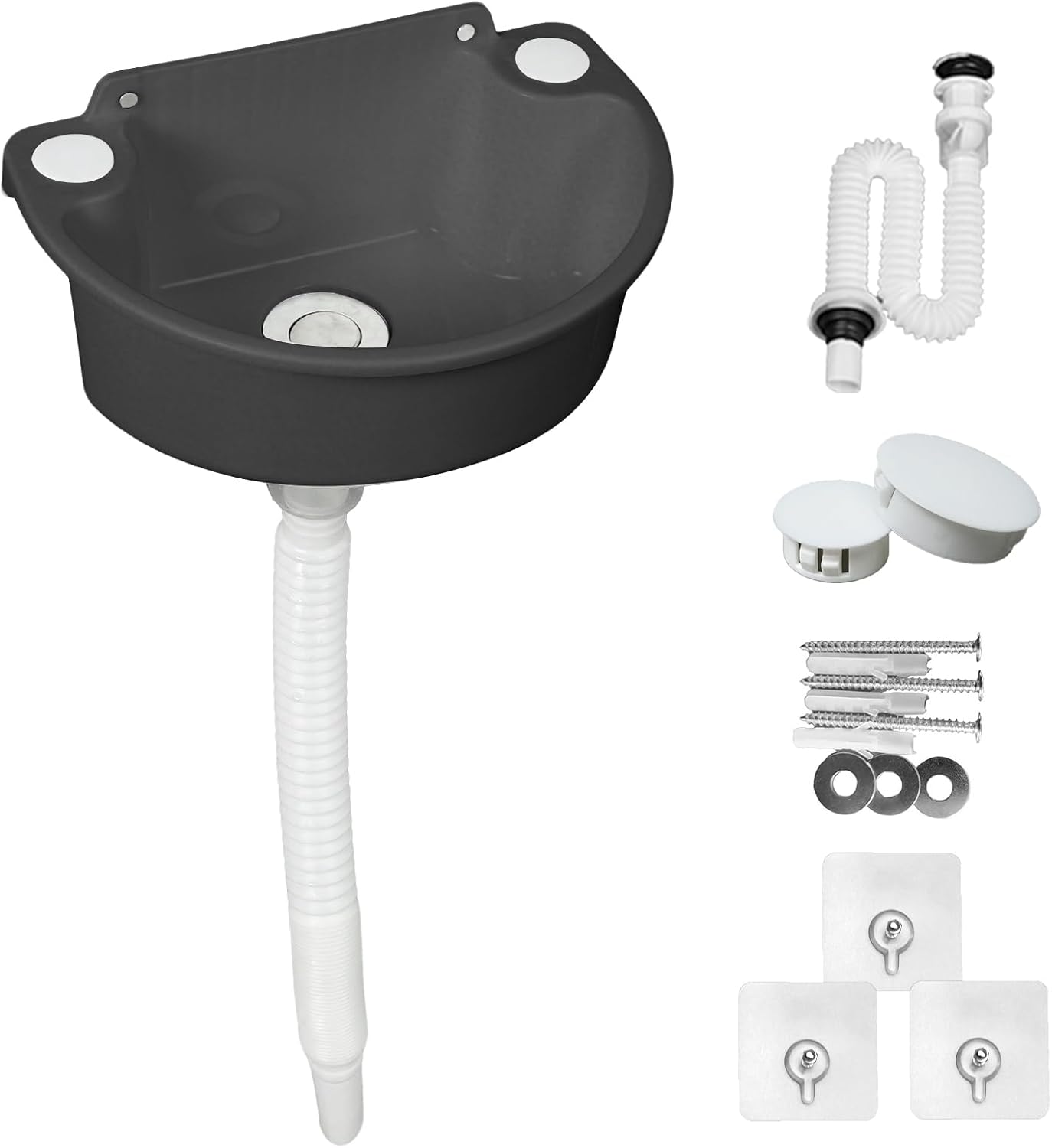 Lavandino Semplice in Plastica con Tubo e Scarico, Nero - immagine 1