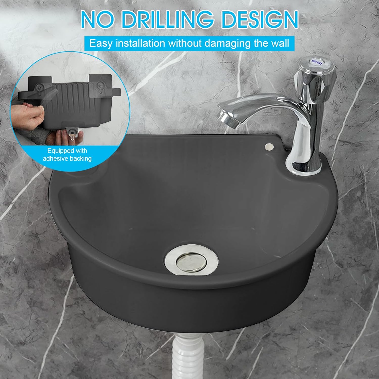 Lavandino Semplice in Plastica con Tubo e Scarico, Nero - immagine 3