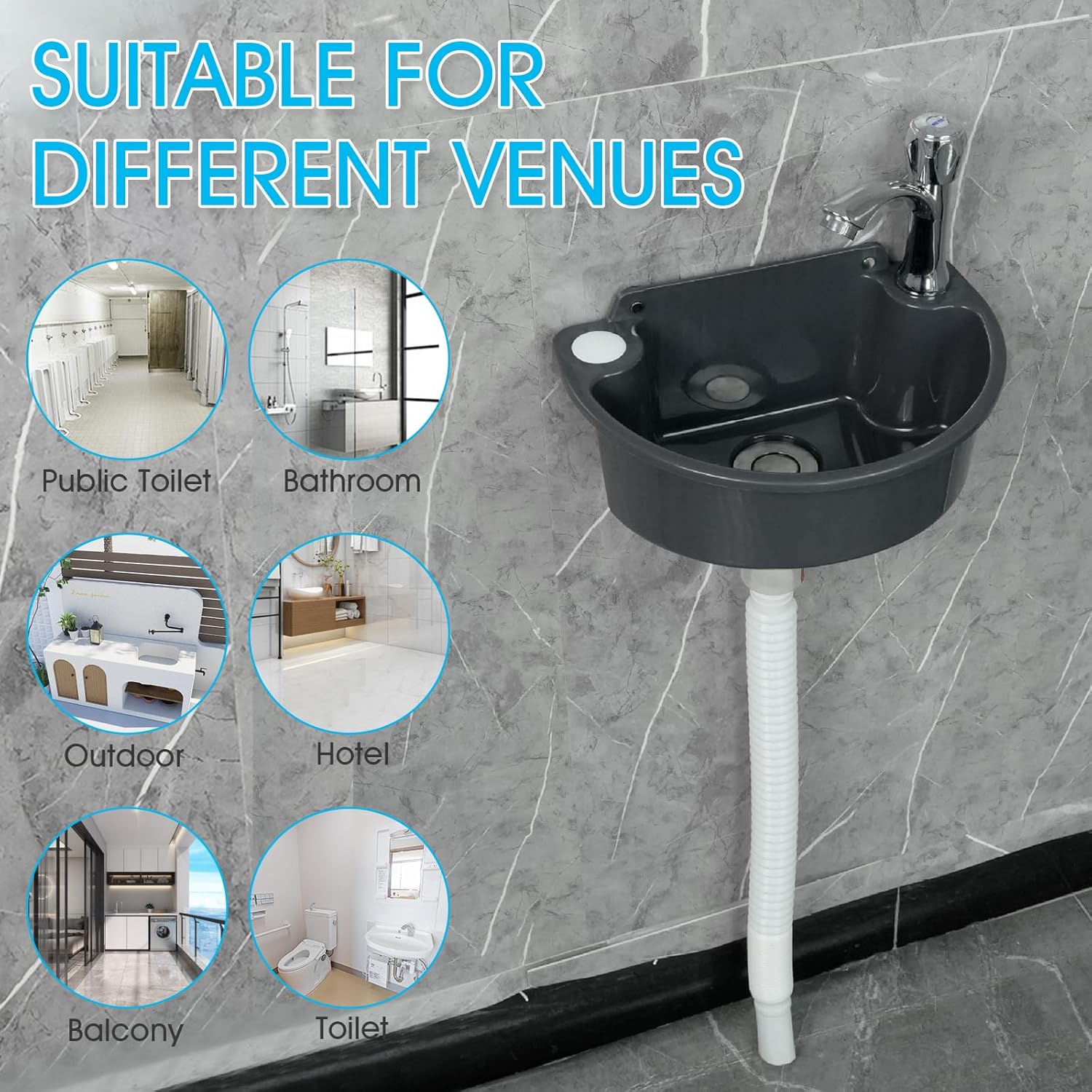 Lavandino Semplice in Plastica con Tubo e Scarico, Nero - immagine 5