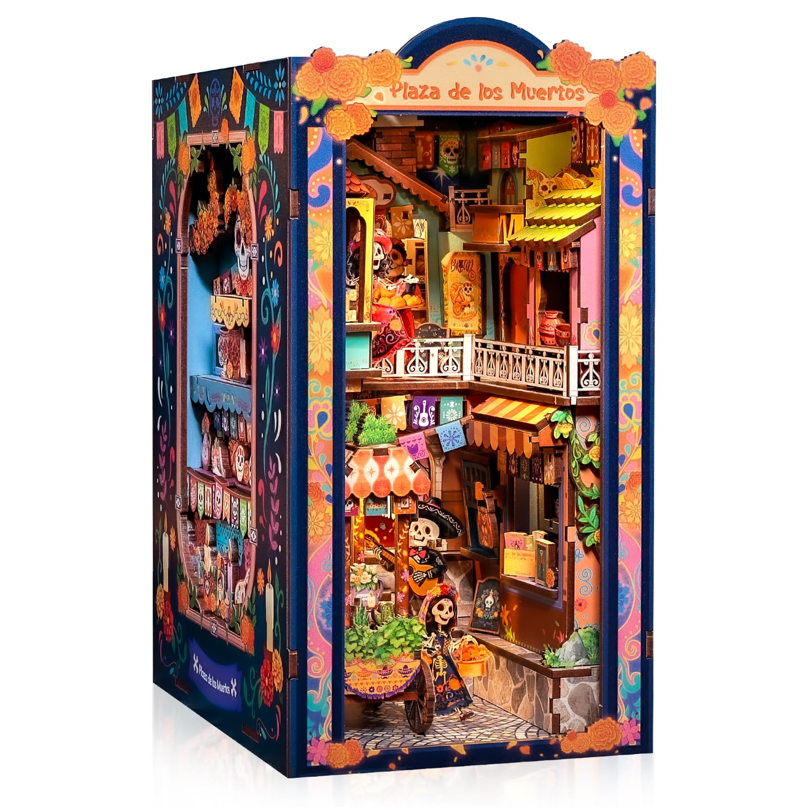 CUTEBEE Book Nook Kit - Casa delle Bambole DIY per Adulti, Miniatura da Montare, Puzzle 3D in Legno del Giorno dei Morti, Decorazione per Libreria (Plaza de los Muertos)