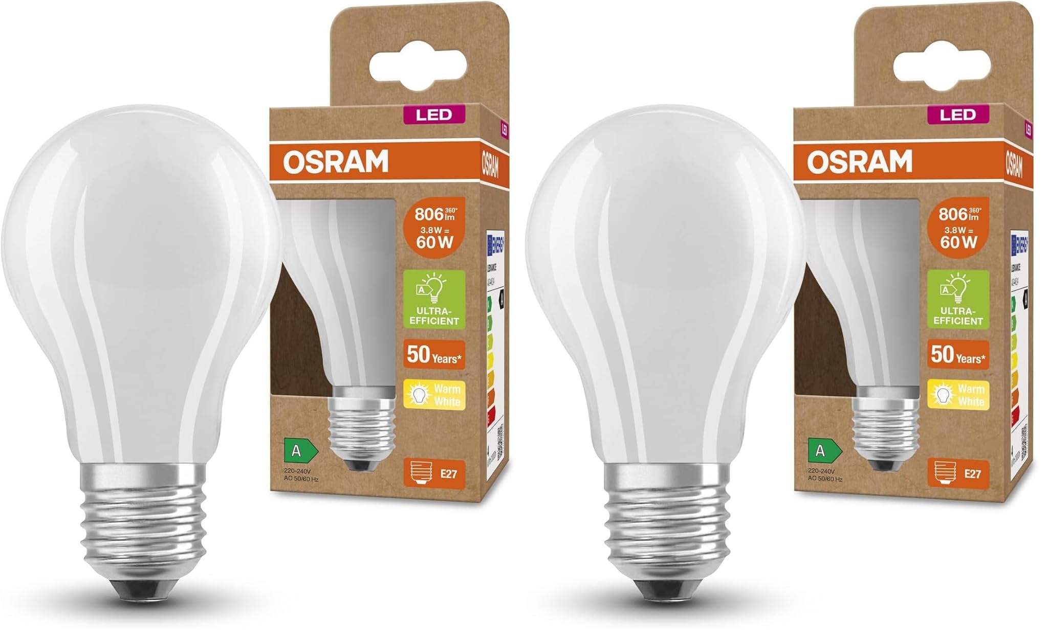 OSRAM LED a risparmio energetico, lampadina in vetro smerigliato, E27, bianco caldo (3000K), 4 watt, sostituisce la lampadina da 60W, altamente efficiente e a risparmio energetico, confezione da 2