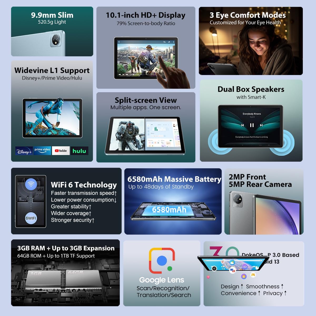 Blackview Tab 70 WIFI Tablet Android 13 10.1'' HD+, Blu - immagine 3