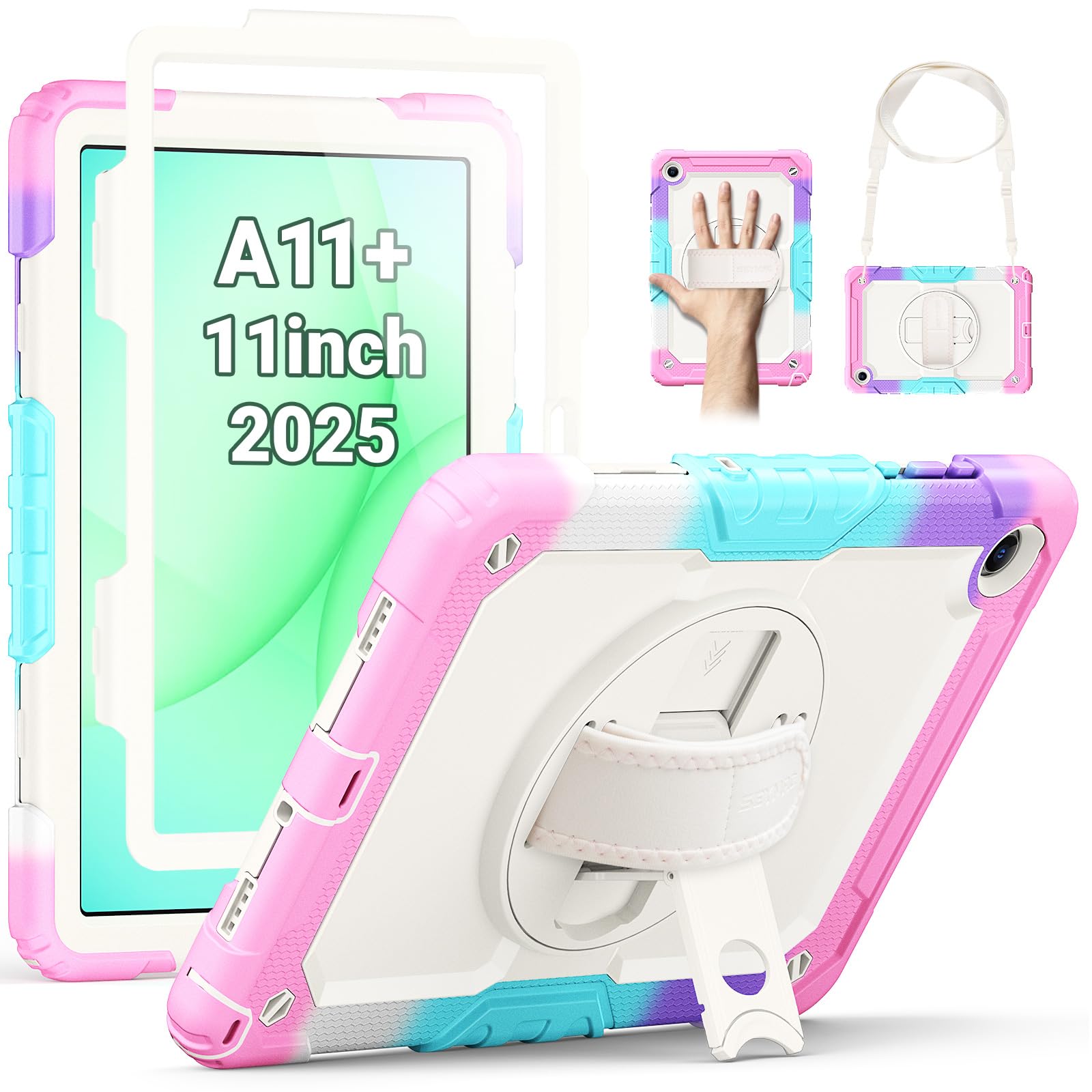 SEYMAC Custodia per Samsung Galaxy Tab A11+ Plus 11"(2025) / Tab A9+ Plus 11 Pollici (2023), Custodia Antishock con Protezione Schermo, Supporto Girevole a 360°, Tracolla, Portapenne, Rosa