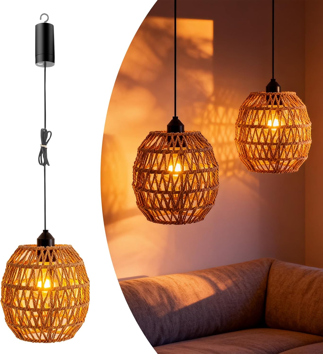 Lampada a Sospensione Rattan con Batteria E27 - 2 pezzi - immagine 1