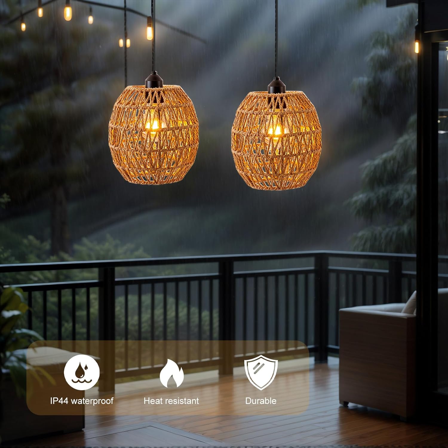 Lampada a Sospensione Rattan con Batteria E27 - 2 pezzi - immagine 5