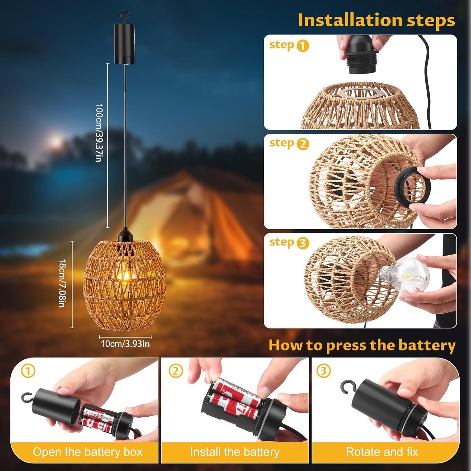 Lampada a Sospensione Rattan con Batteria E27 - 2 pezzi - immagine 8