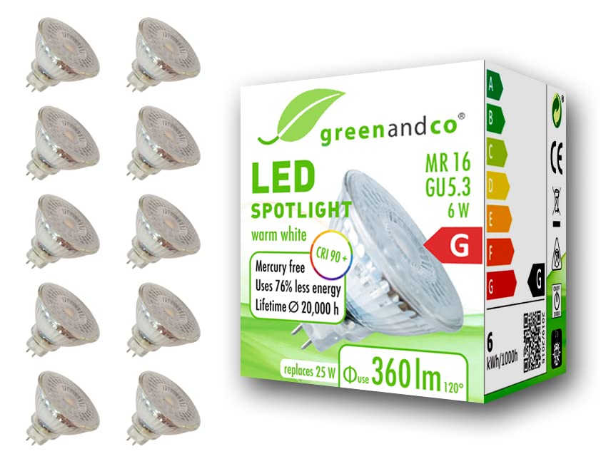 Greenandco Spot LED IRC 90+ GU5.3 MR16 6W, Set da 10
