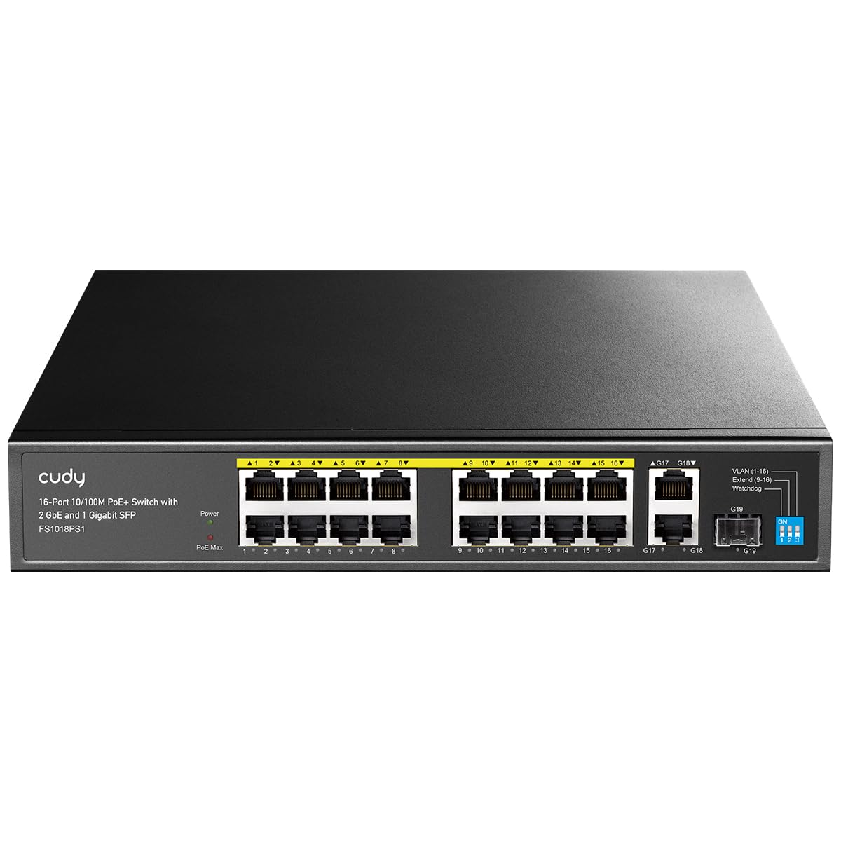 Cudy FS1018PS1 Switch PoE+ 16 porte con 2 collegamenti montanti Gigabit e porte SFP 200 W, 16 PoE+ a 200 W, modalità Extend/VLAN, 802.3af/at, Fanless, Watchdog, Plug and Play
