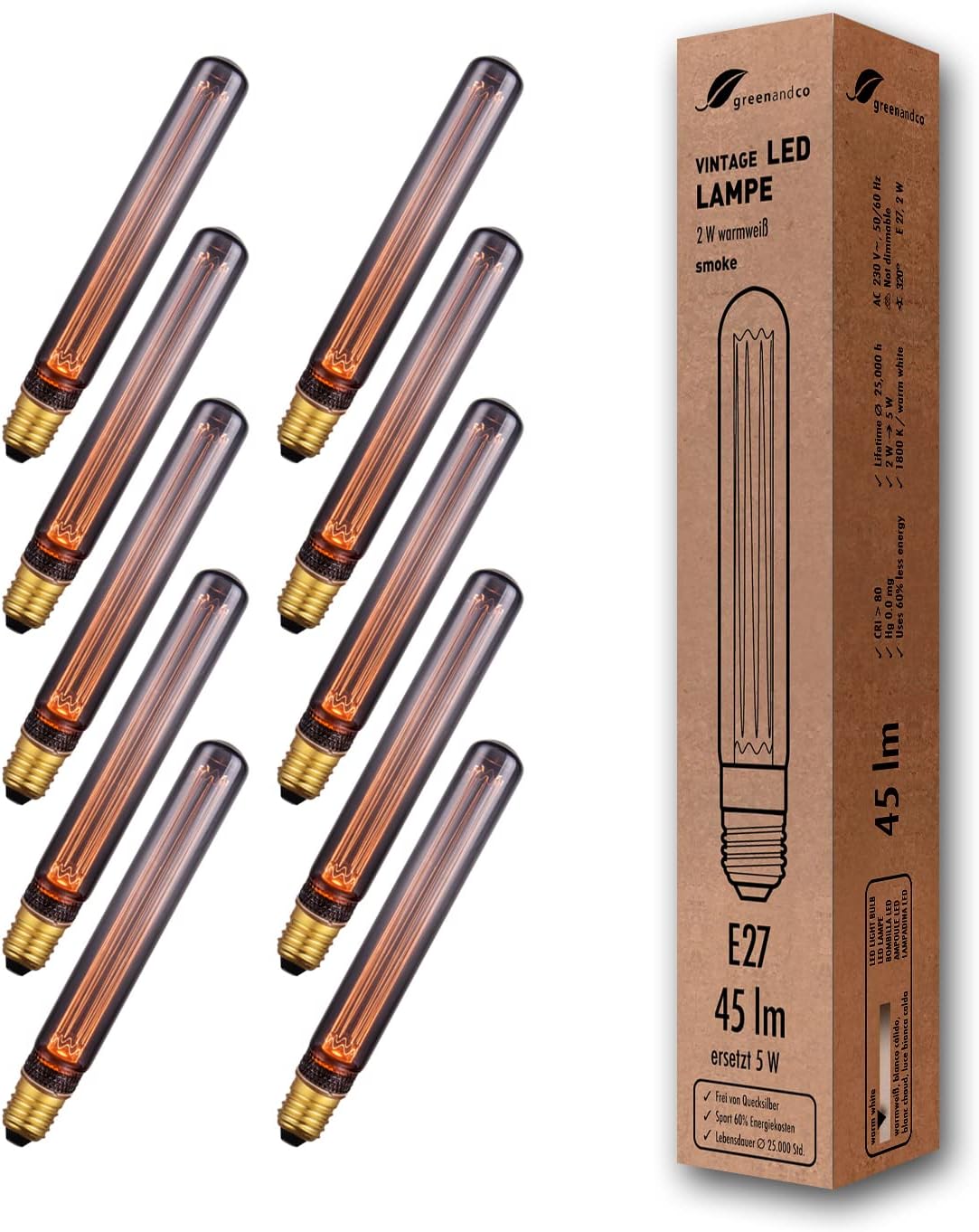 Greenandco 10x Lampadina LED Vintage E27 T30 2W - immagine 1