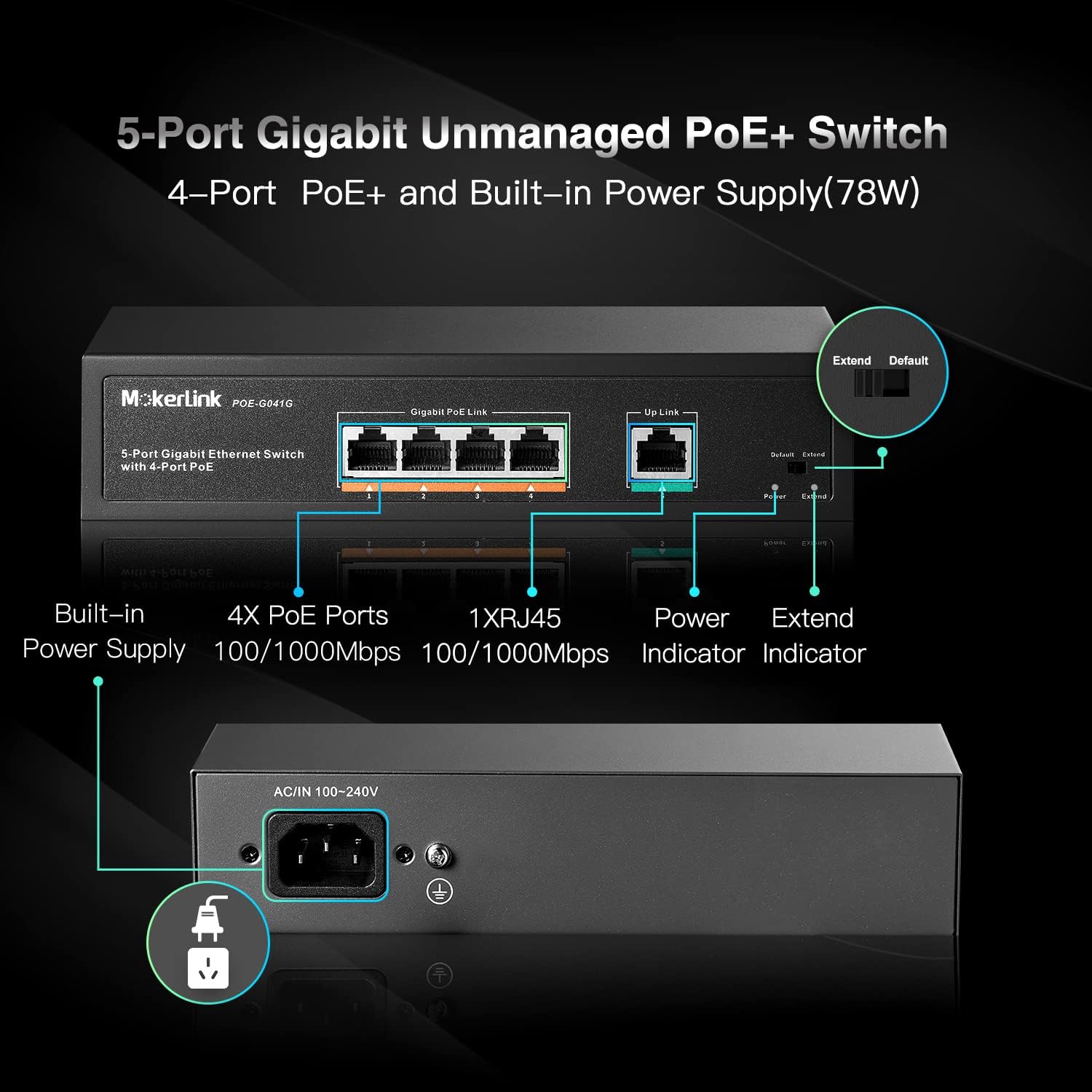 Mokerlink Switch POE Gigabit 5 Porte, 78W - immagine 2