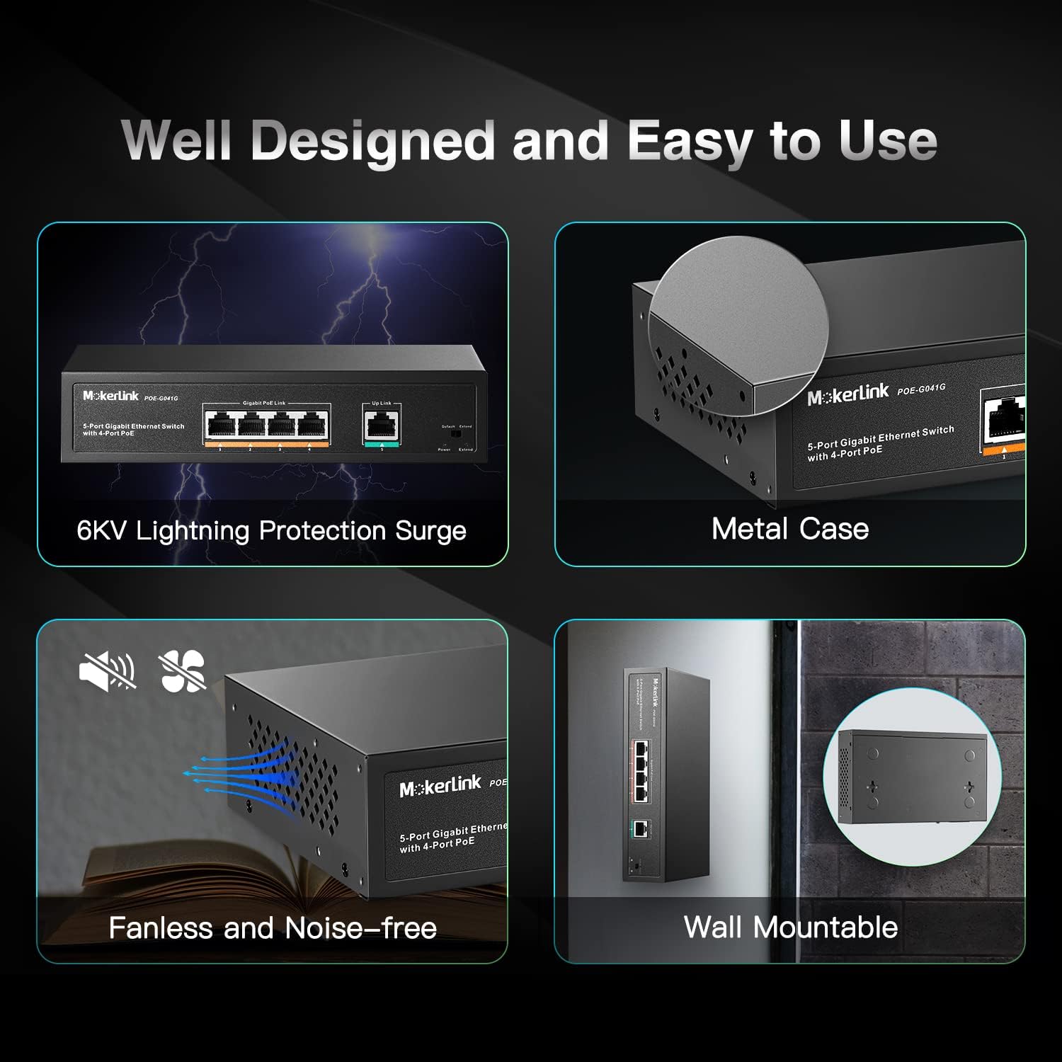 Mokerlink Switch POE Gigabit 5 Porte, 78W - immagine 5