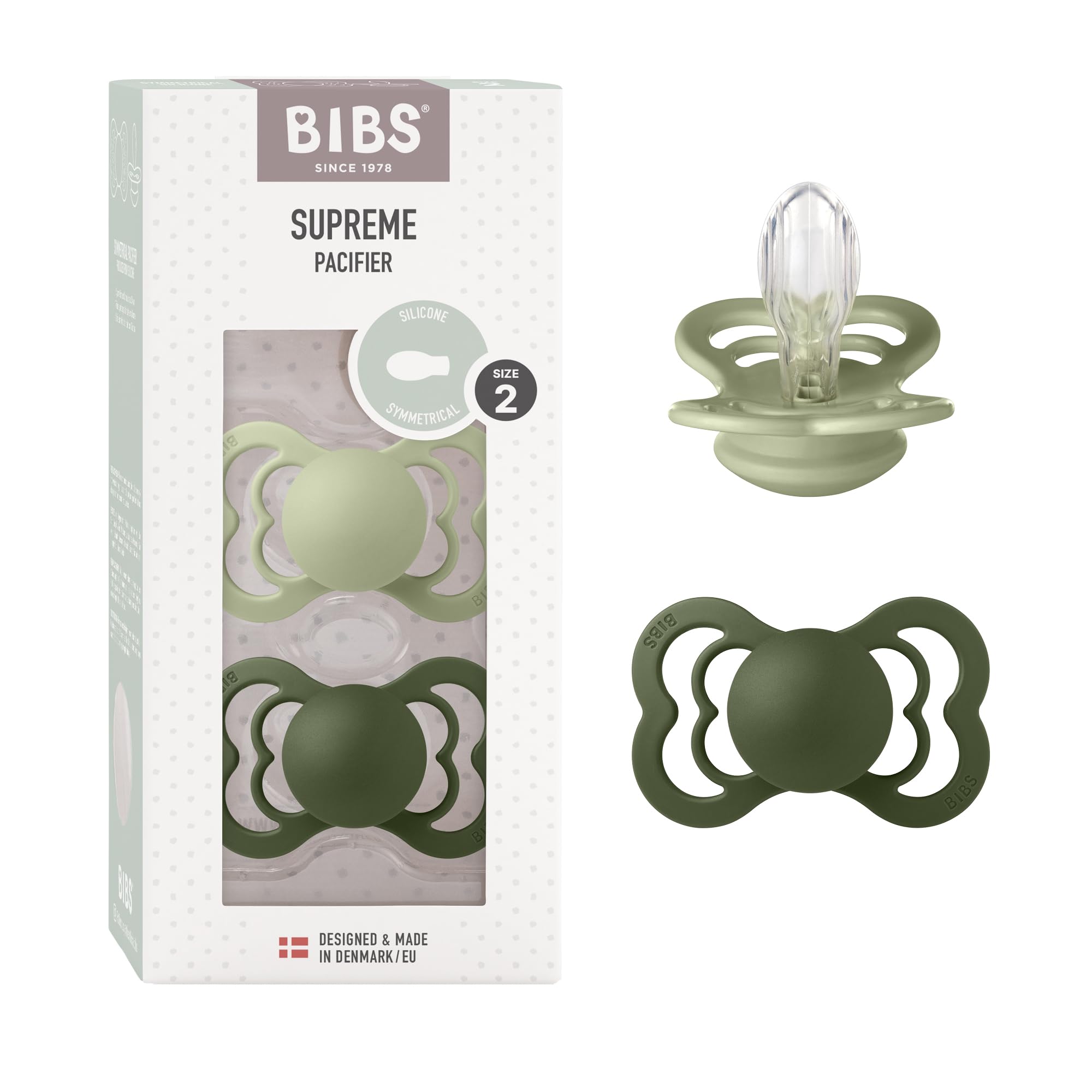 BIBS Ciuccio confezione da 2 pezzi. Privo di BPA, Tettarella simmetrica. Silicone, Prodotto in Danimarca. Taglia 2 (6-18 mesi), Sage/Hunter Green