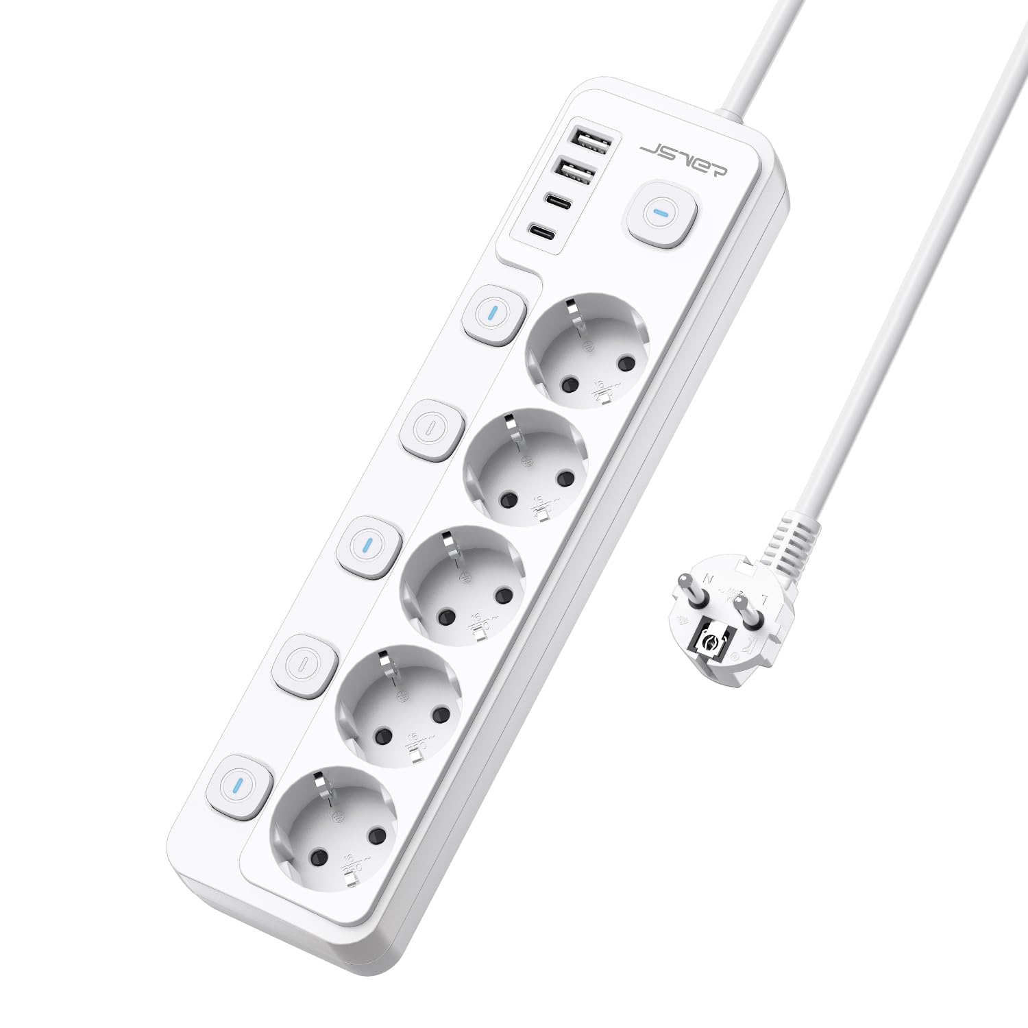 Jsver Ciabatta Elettrica 5 Prese con 4 USB, Bianco