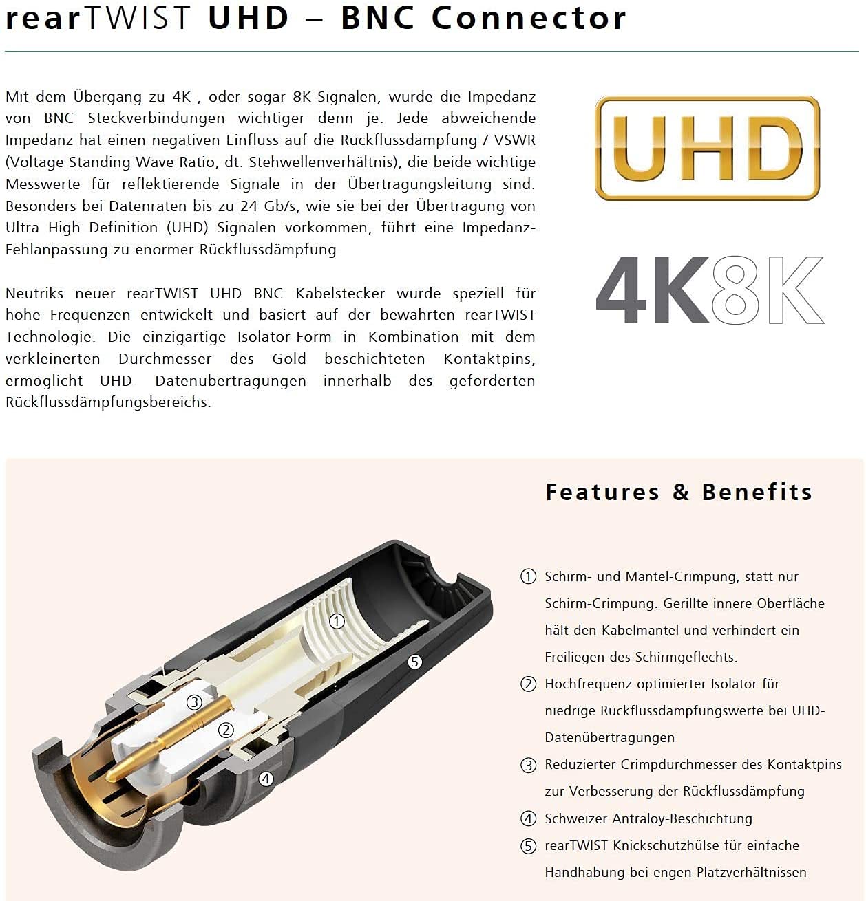 BNC Cavo 25m 4K UHD 6G HD Sdi Cavi Video 75 Ohm Connettore BNC Neutrik VTGX-2500