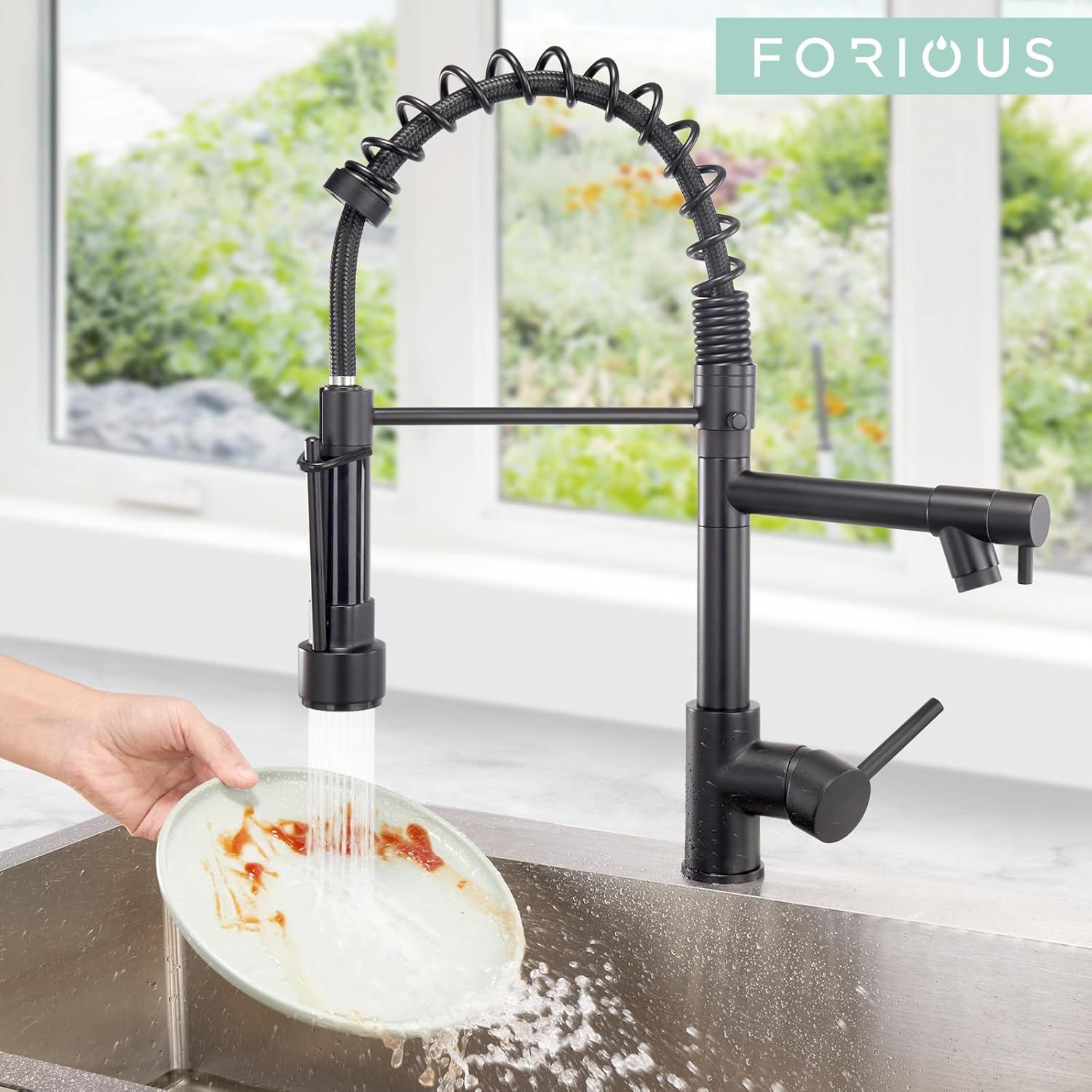 Forious Rubinetto Lavabo Cucina Nero Acciaio Inox - immagine 2