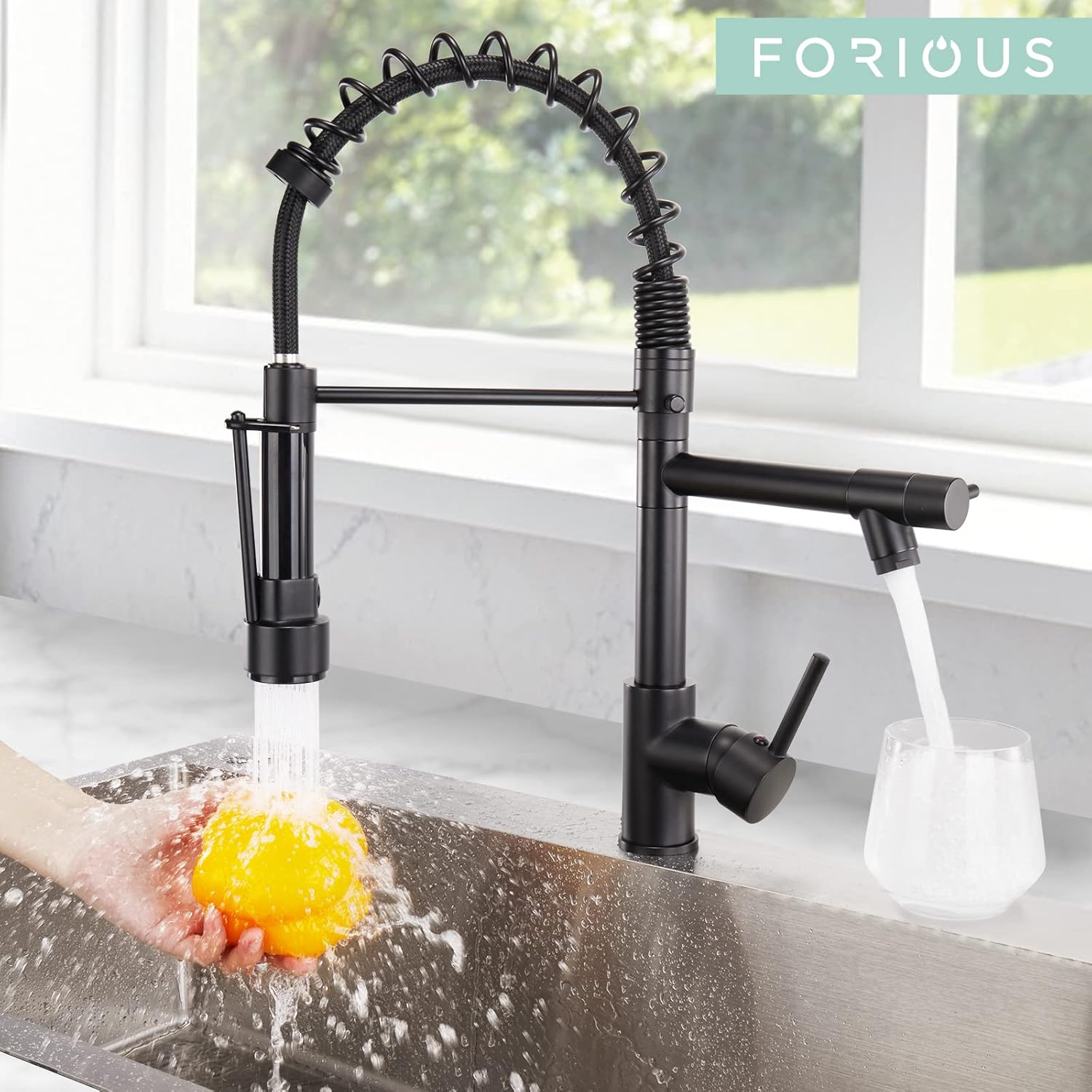 Forious Rubinetto Lavabo Cucina Nero Acciaio Inox - immagine 4