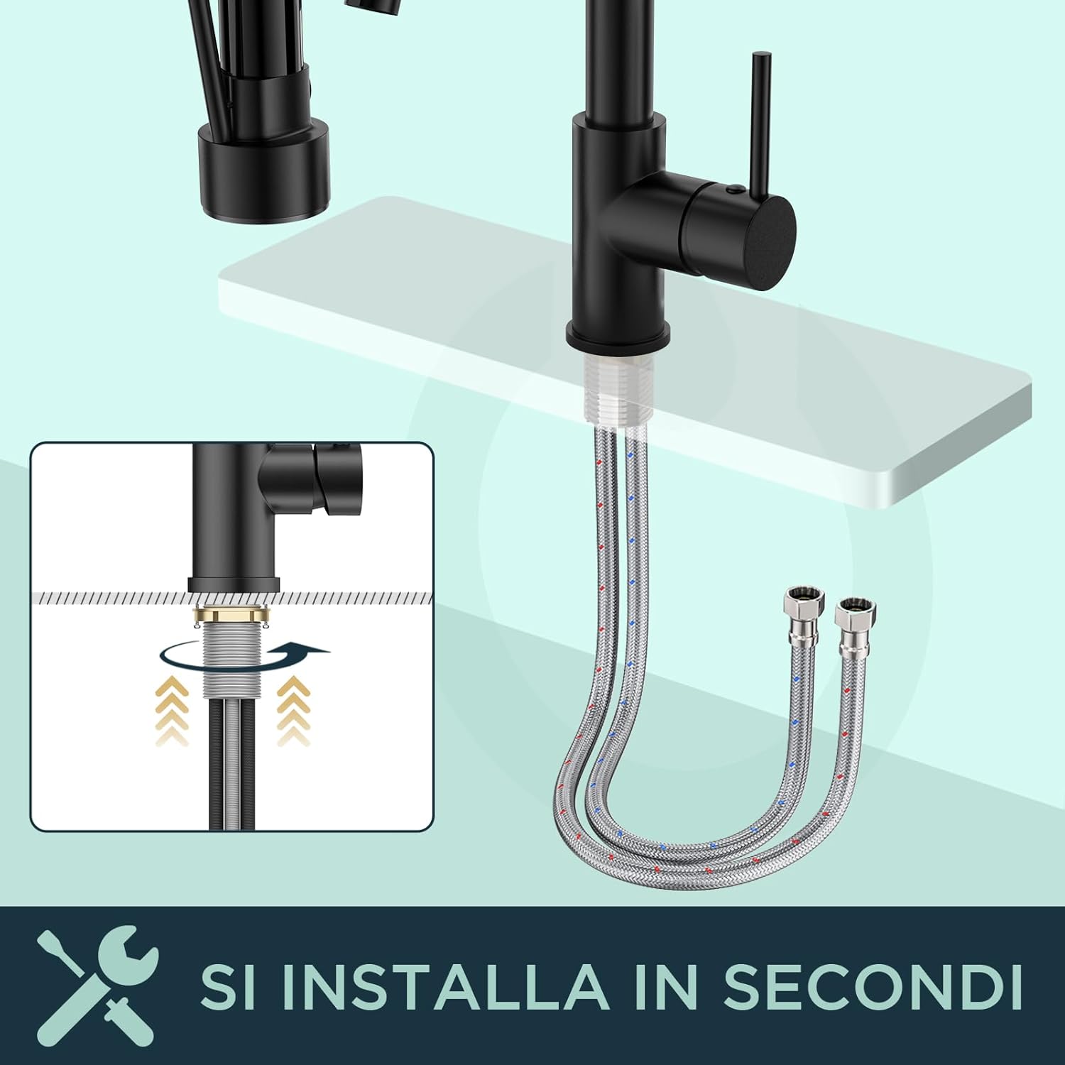 Forious Rubinetto Lavabo Cucina Nero Acciaio Inox - immagine 6