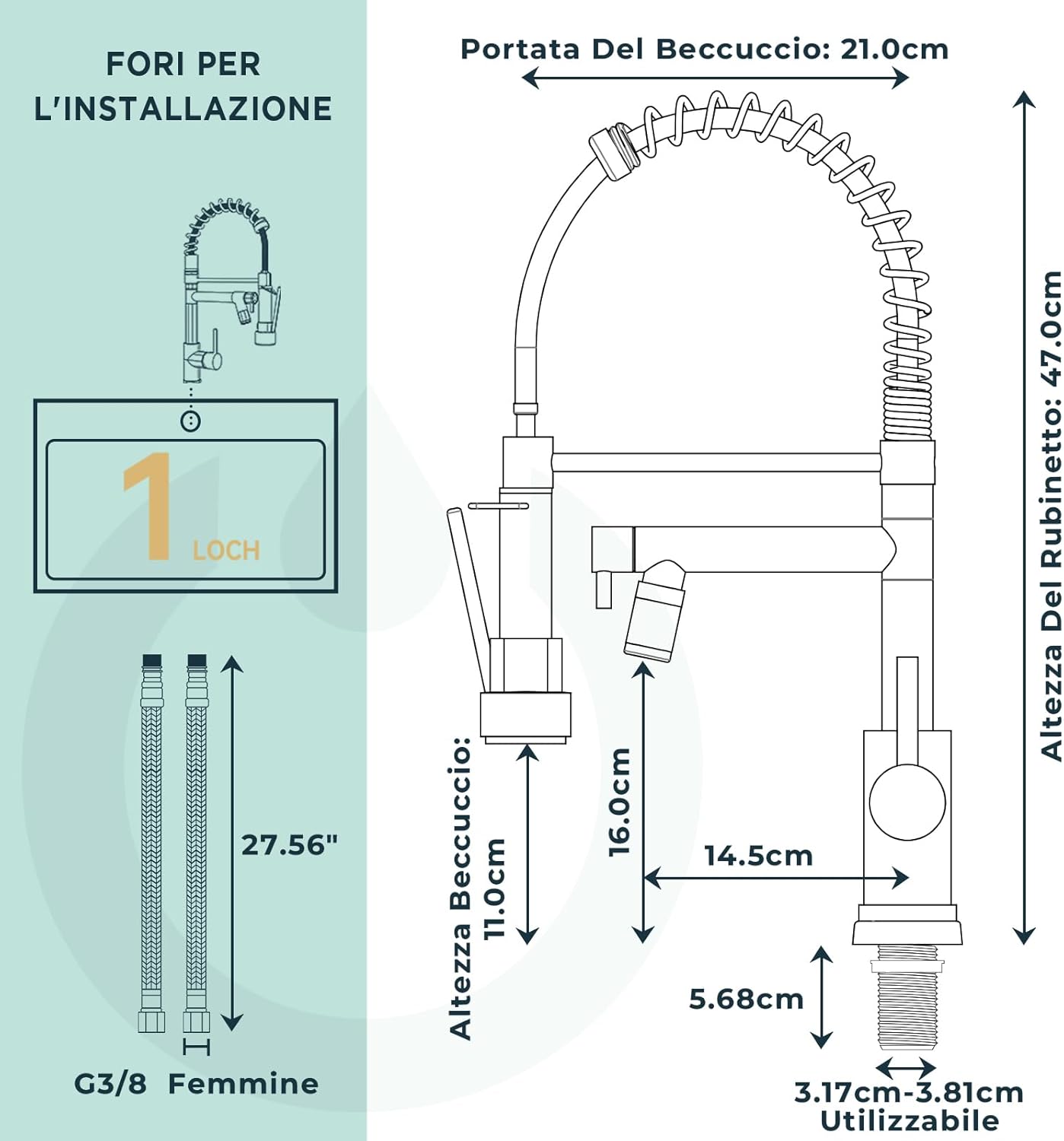Forious Rubinetto Lavabo Cucina Nero Acciaio Inox - immagine 7