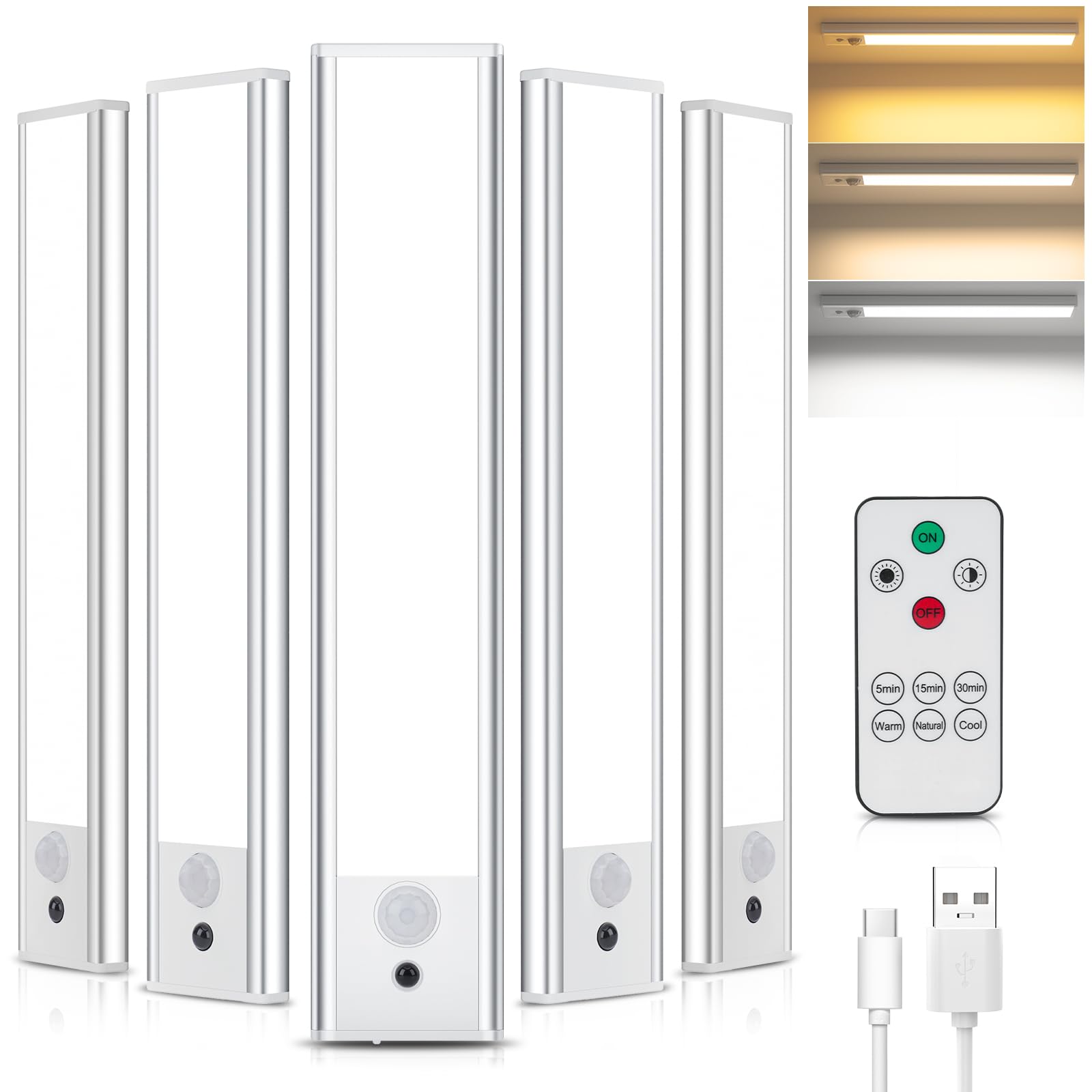 TOPPLEE Led Sottopensile Cucina, 20.5CM Luce Led Sottopensile con Telecomando, 3000K-6500K Dimmerabile Luci LED Cucina con Sensore di Movimento per Armadio Scale Corridoio, 5 Pezzi