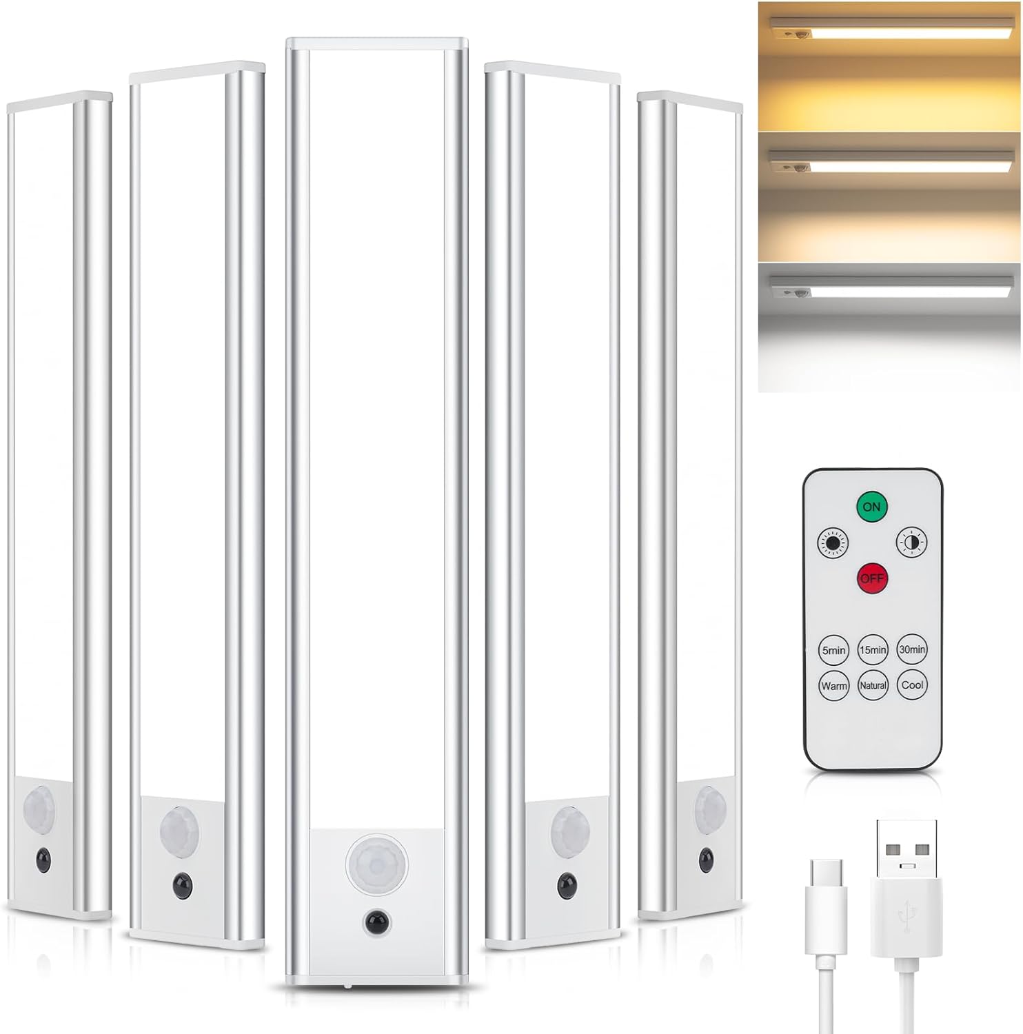 TOPPLEE Led Sottopensile Cucina, 20.5CM Luce Led Sottopensile con Telecomando, 3000K-6500K Dimmerabile Luci LED Cucina con Sensore di Movimento per Armadio Scale Corridoio, 5 Pezzi - immagine 1