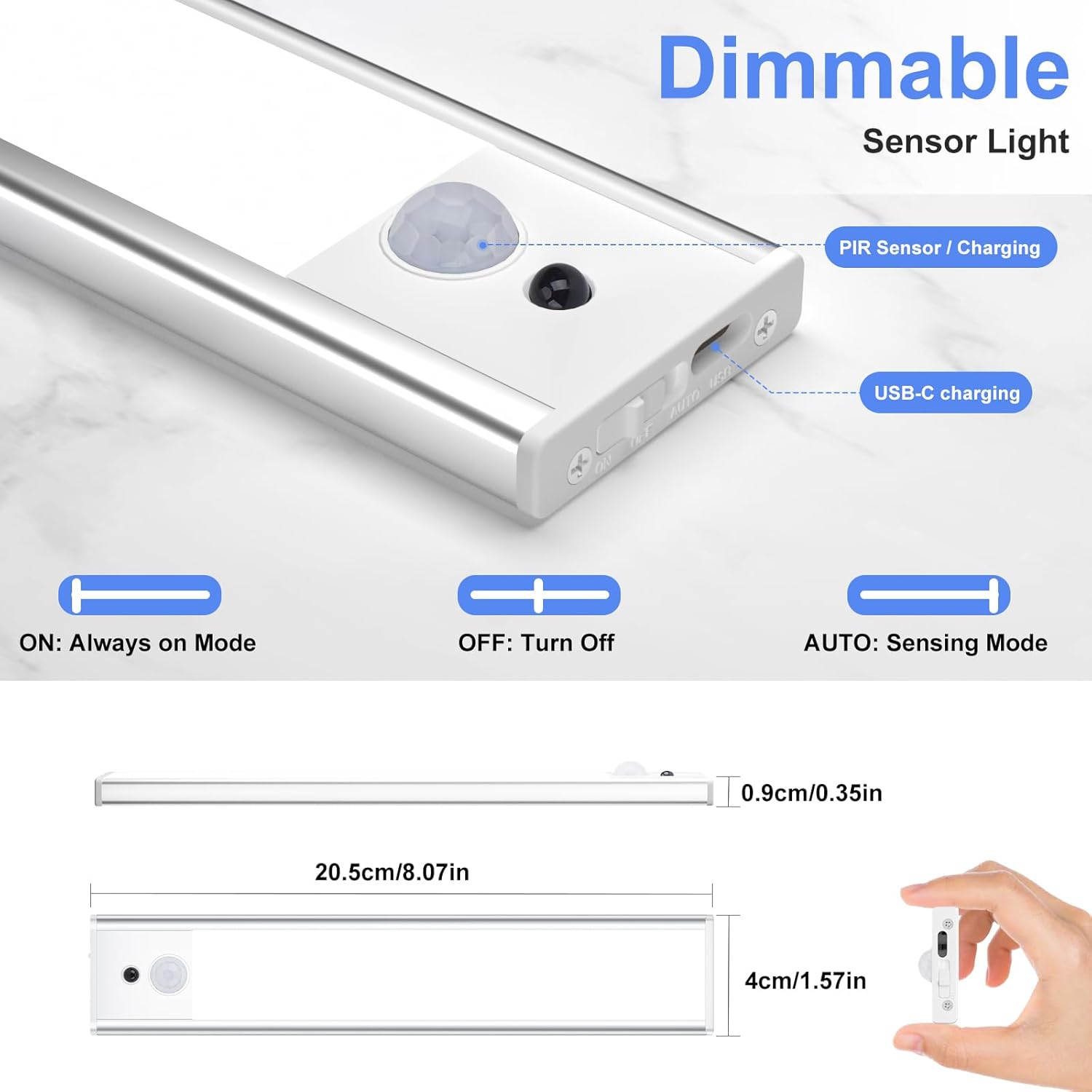 TOPPLEE Led Sottopensile Cucina, 20.5CM Luce Led Sottopensile con Telecomando, 3000K-6500K Dimmerabile Luci LED Cucina con Sensore di Movimento per Armadio Scale Corridoio, 5 Pezzi - immagine 6