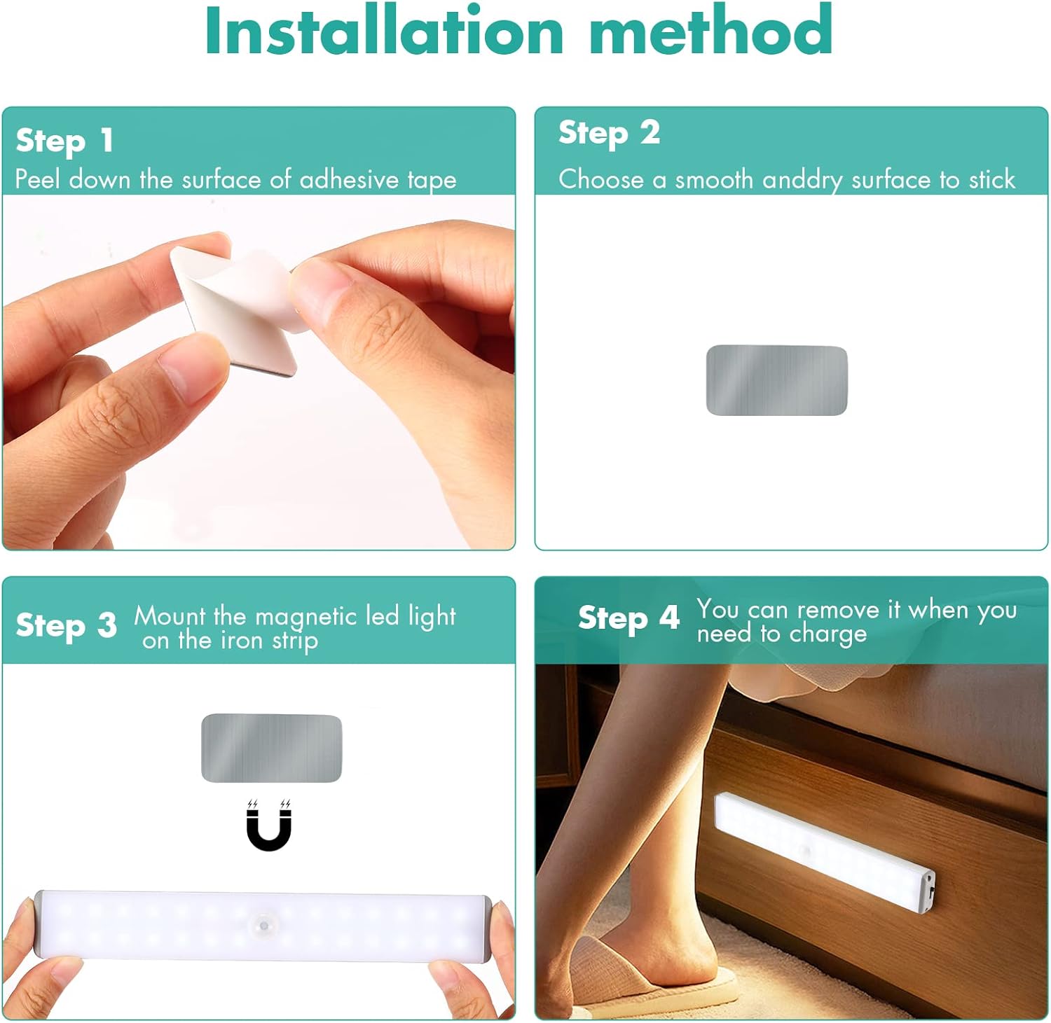 luci led cucina, 28 LED Luce per Armadio strisce led USB Sensore Di Movimento Per Interni, Ricaricabile Sotto Il Gabinetto Cucina Armadio Leggero Stick Luce Notturna Bar,Scale, Corridoio Confezion - immagine 8